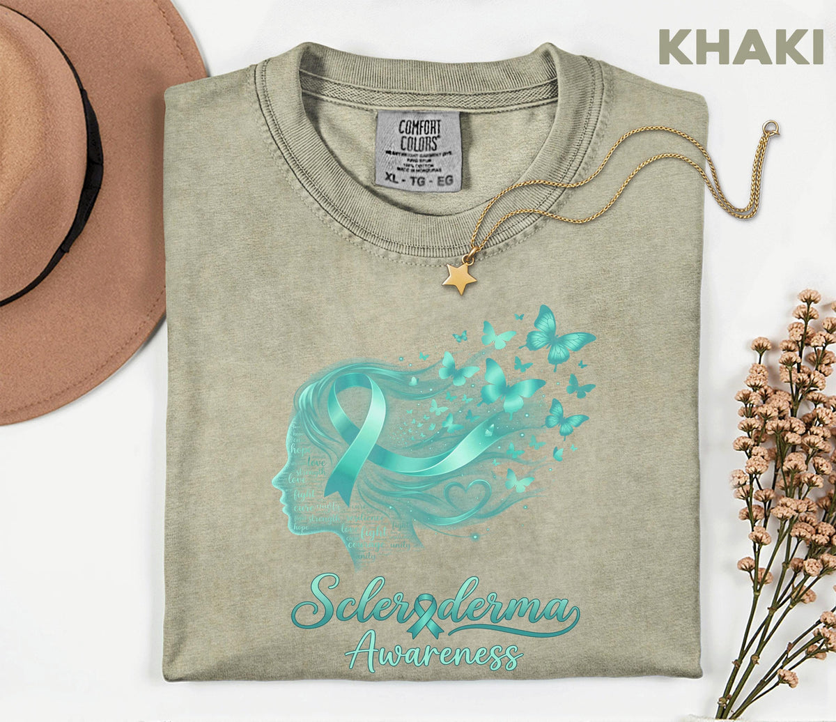 Comfort Colors Scleroderma Awareness Shirt Teal Ribbon Woman Silhouette Butterfly Tee Chronic Illness Support Gift Unisex