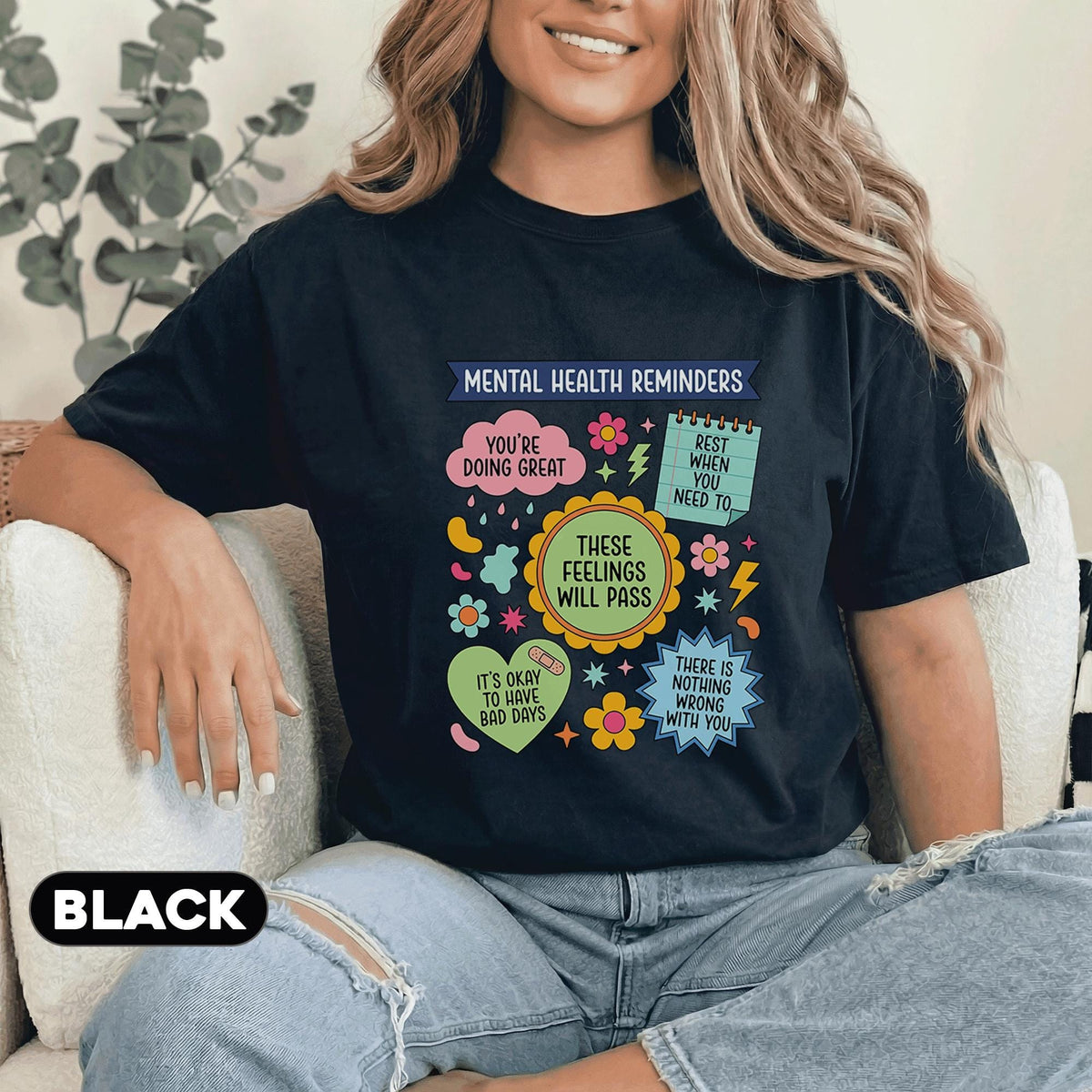 Mental Health Reminders Shirt Positive Affirmations Tee Self Care Quotes T Shirt Inspirational Therapy Gift Colorful ...