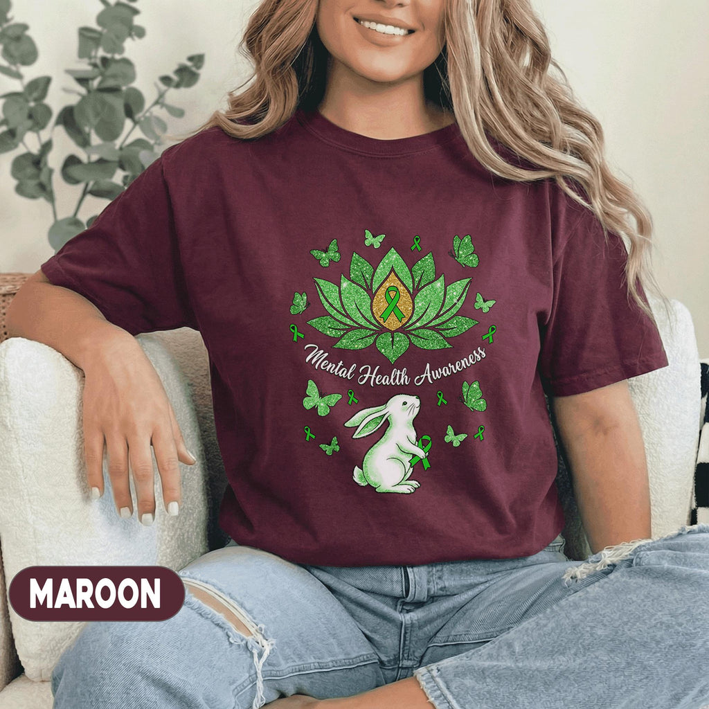 Mental Health Awareness Lotus Flower Shirt Green Ribbon Bunny Butterfly Tee Inspirational Support Gift Unisex Green T Shirt