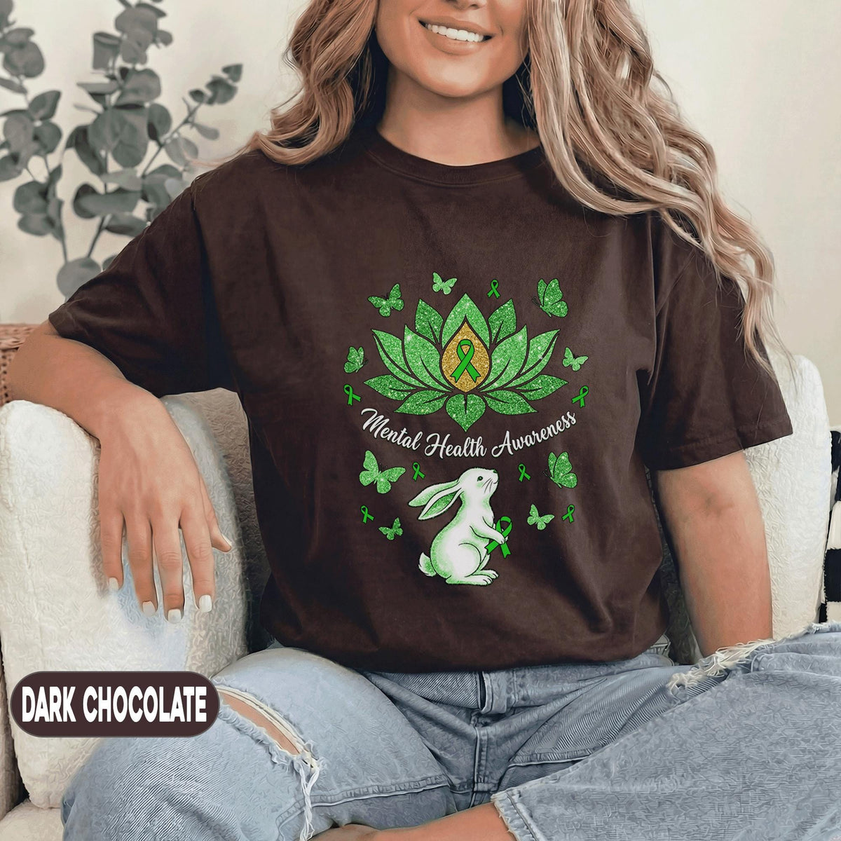 Mental Health Awareness Lotus Flower Shirt Green Ribbon Bunny Butterfly Tee Inspirational Support Gift Unisex Green T Shirt