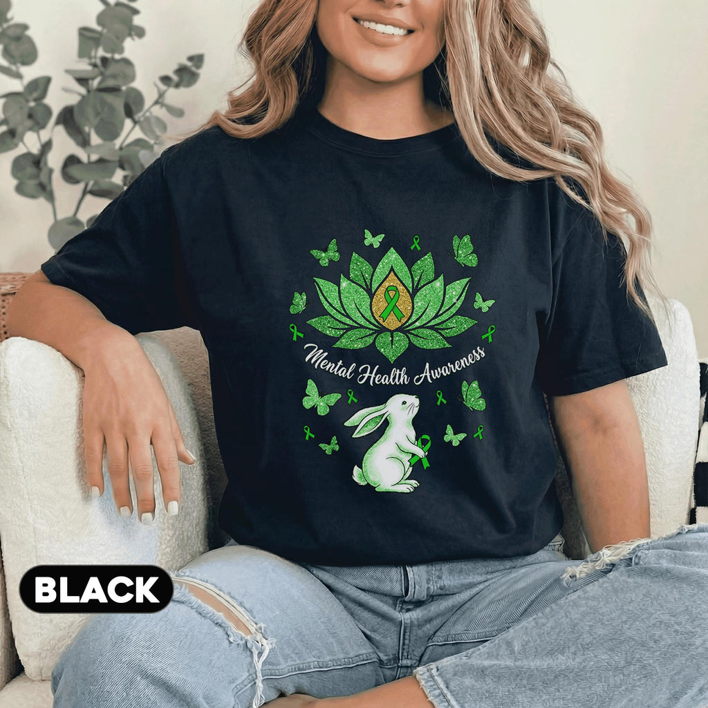 Mental Health Awareness Lotus Flower Shirt Green Ribbon Bunny Butterfly Tee Inspirational Support Gift Unisex Green T...