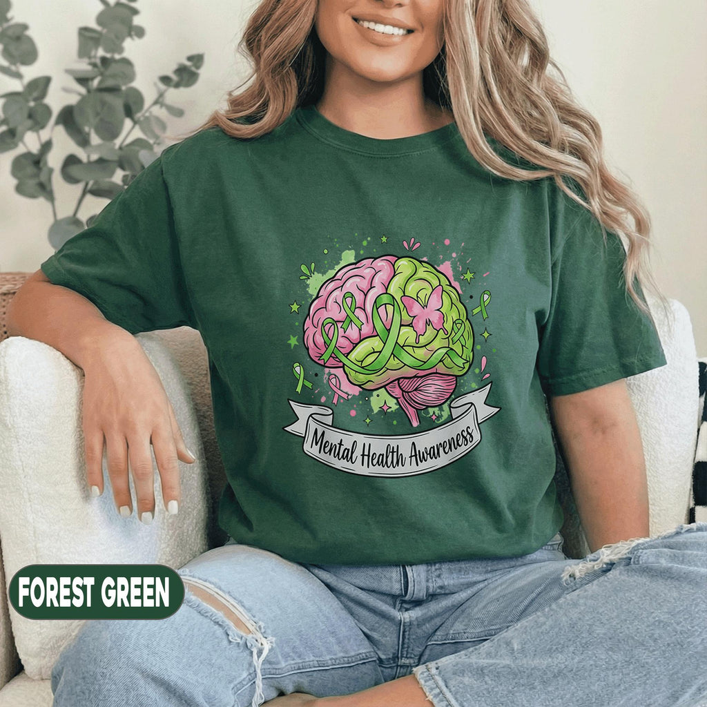 Mental Health Awareness Shirt Brain Green Ribbon Butterfly Forest Green Tee Mental Health Support Gift Unisex Green Awareness Shirt