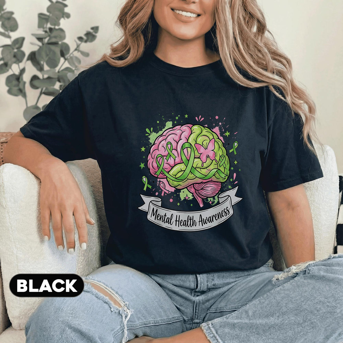 Mental Health Awareness Shirt Brain Green Ribbon Butterfly Forest Green Tee Mental Health Support Gift Unisex Green Awareness Shirt
