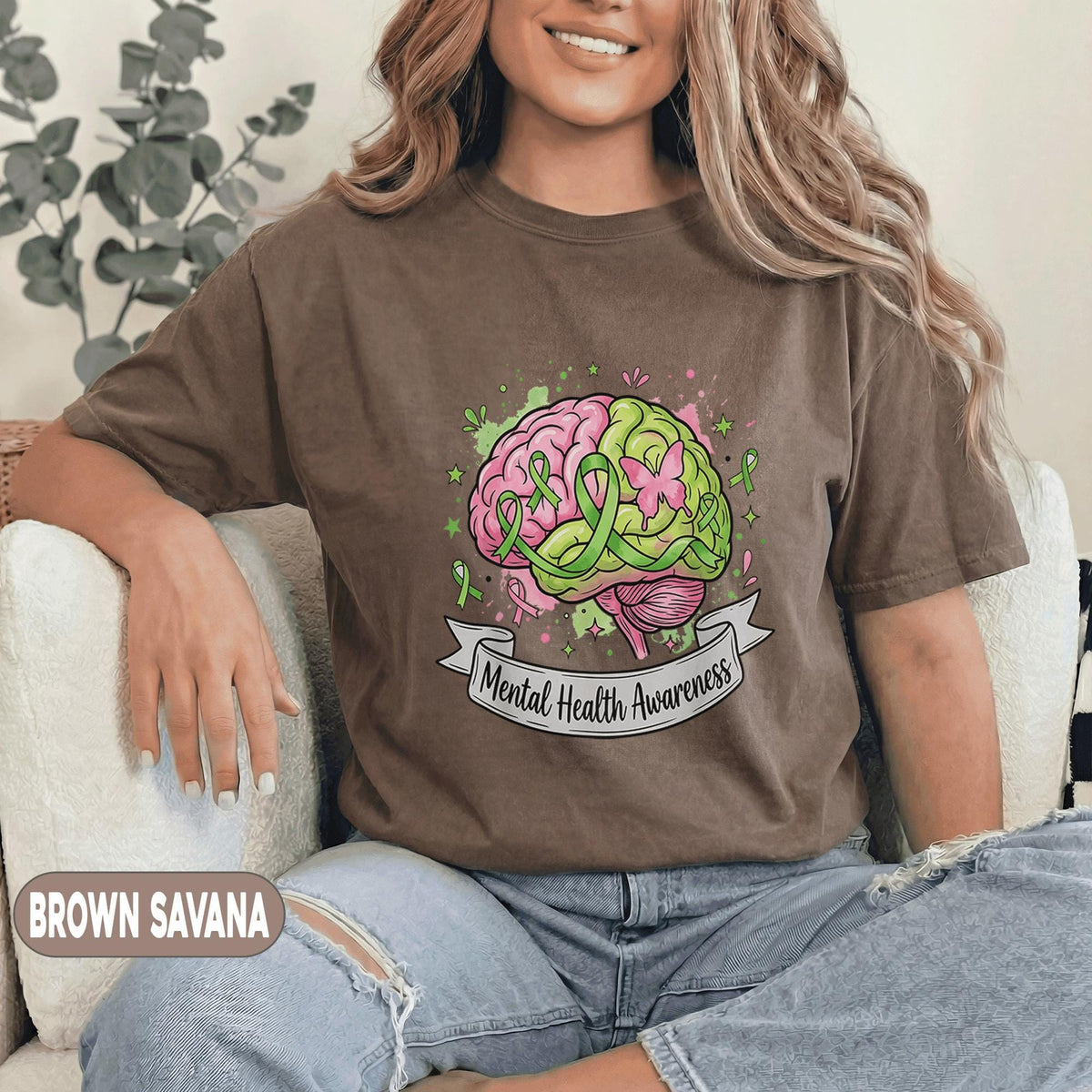 Mental Health Awareness Shirt Brain Green Ribbon Butterfly Forest Green Tee Mental Health Support Gift Unisex Green Awareness Shirt