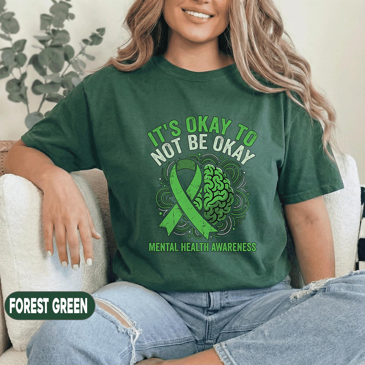 It’s Okay To Not Be Okay Shirt Mental Health Awareness Tee Green Ribbon Brain Design Inspirational Support Unisex Green T Shirt