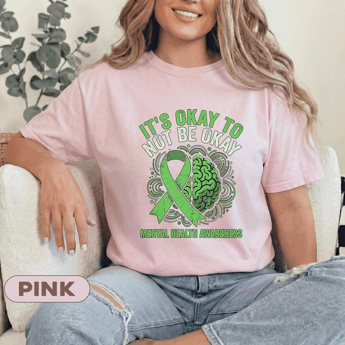 It’s Okay To Not Be Okay Shirt Mental Health Awareness Tee Green Ribbon Brain Design Inspirational Support Unisex Green T Shirt