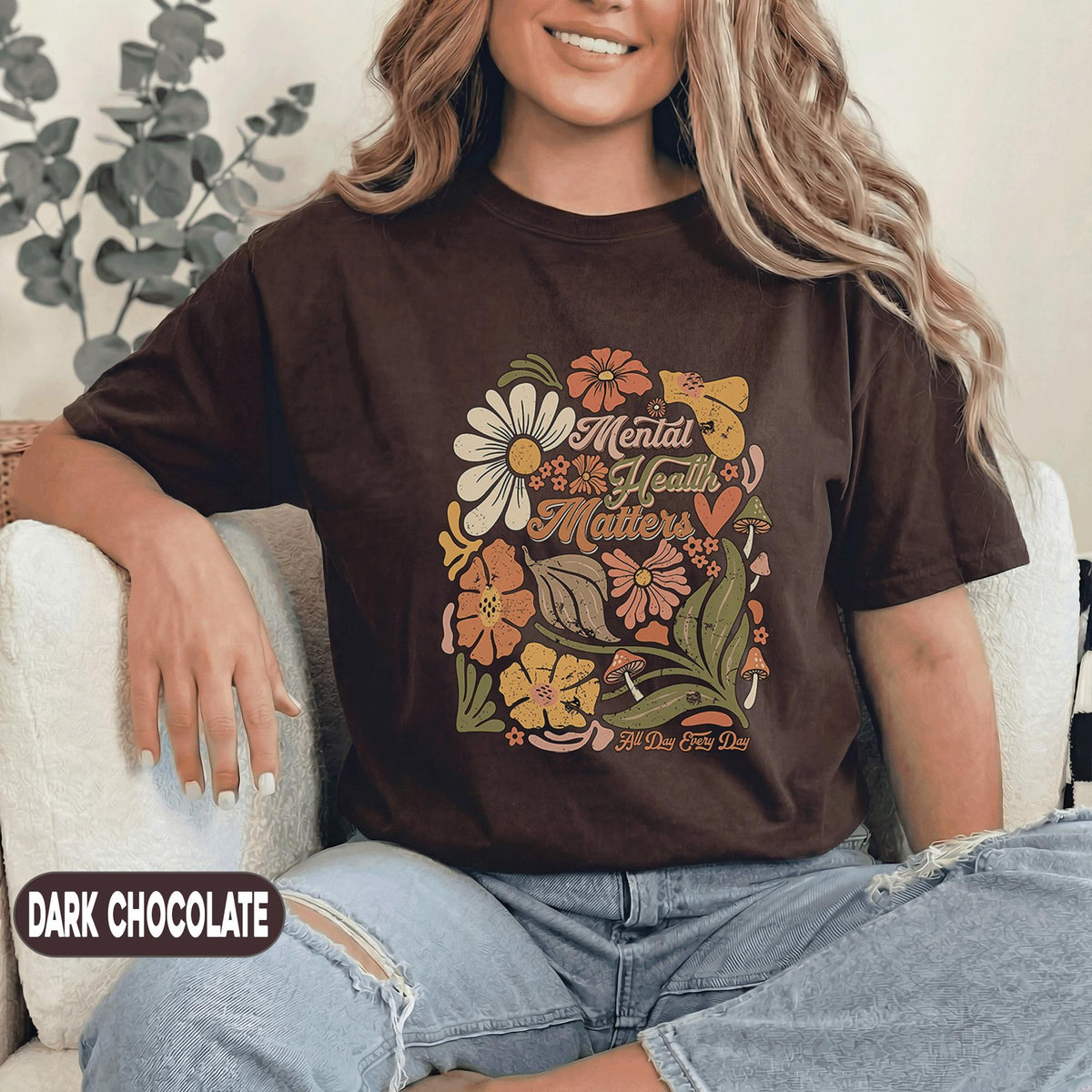 Mental Health Matters Shirt Retro Floral Design Forest Green Tee Mental Health Awareness Gift Vintage Flower Boho Sup...