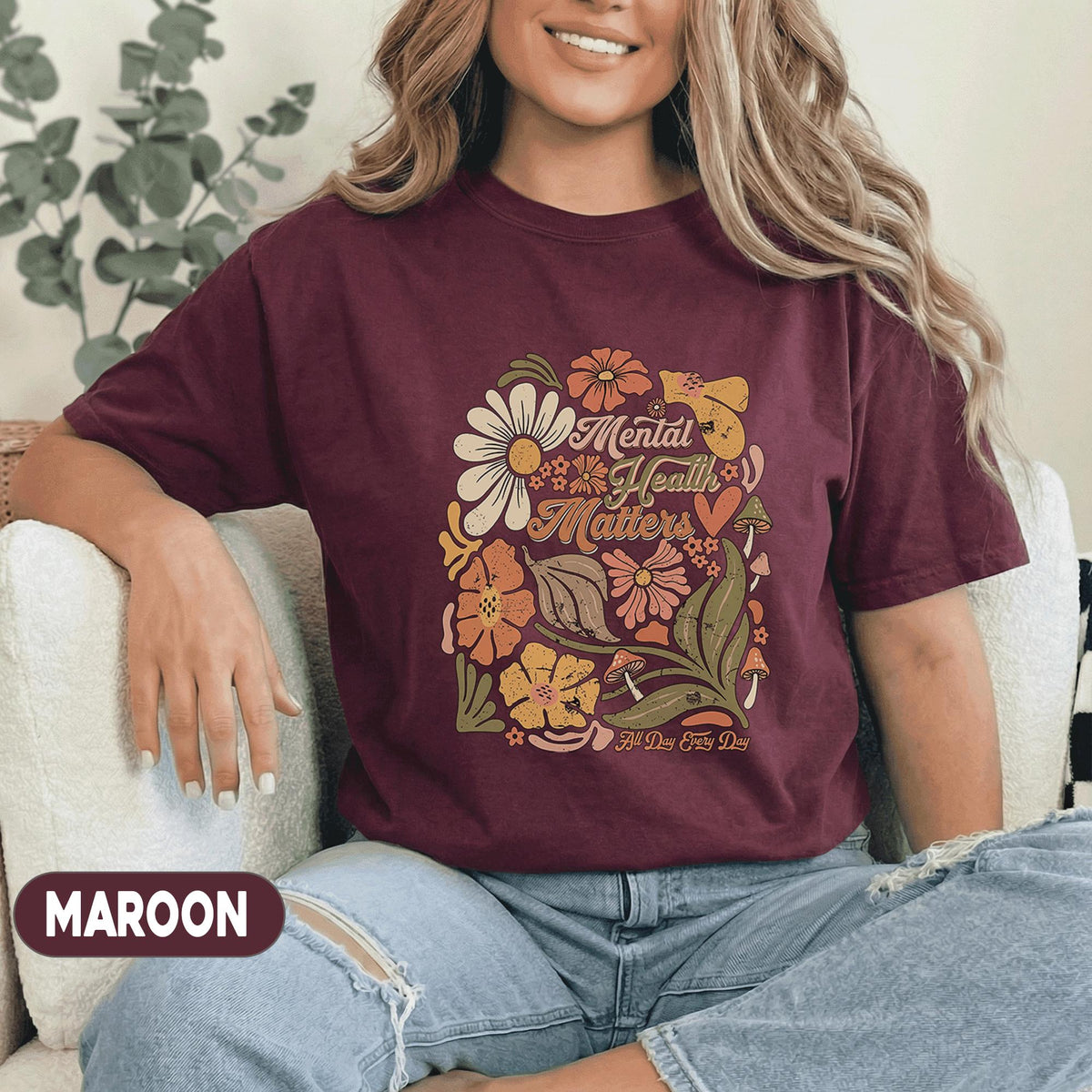 Mental Health Matters Shirt Retro Floral Design Forest Green Tee Mental Health Awareness Gift Vintage Flower Boho Support Shirt