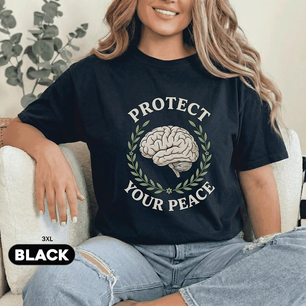 Protect Your Peace Shirt Mental Health Awareness Tee Brain Laurel Design Inspirational Self Care Quote Unisex Black T...
