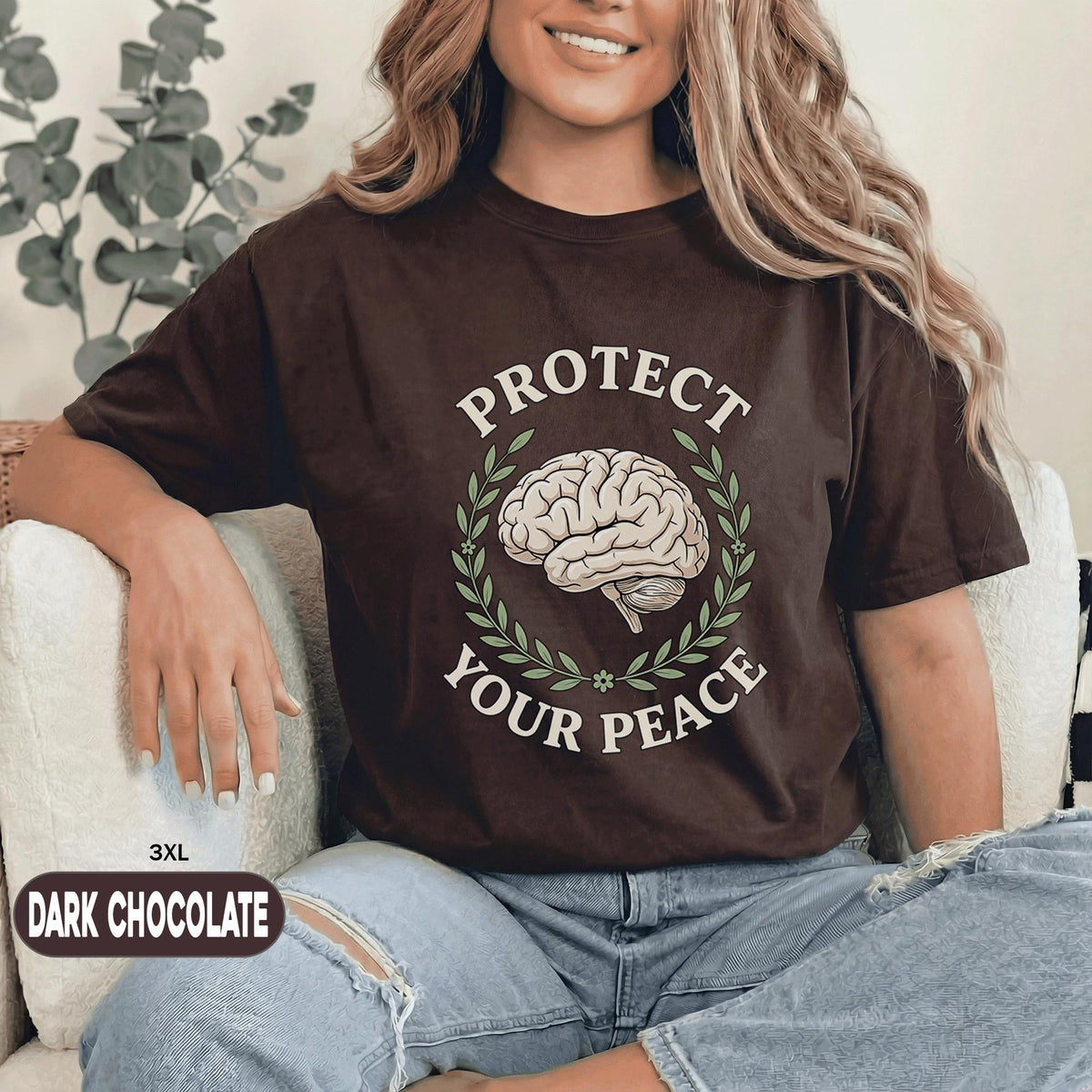 Protect Your Peace Shirt Mental Health Awareness Tee Brain Laurel Design Inspirational Self Care Quote Unisex Black T Shirt
