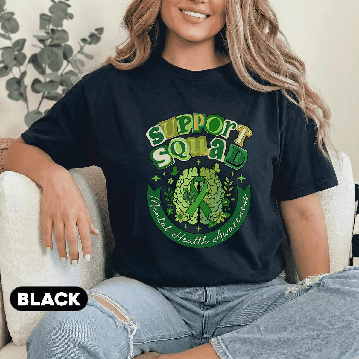 Support Squad Mental Health Awareness Shirt Green Ribbon Brain Floral Tee Inspirational Support Group Gift Unisex Gre...