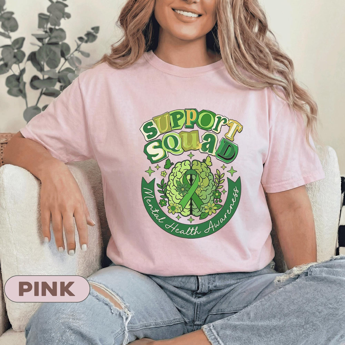 Support Squad Mental Health Awareness Shirt Green Ribbon Brain Floral Tee Inspirational Support Group Gift Unisex Green T Shirt