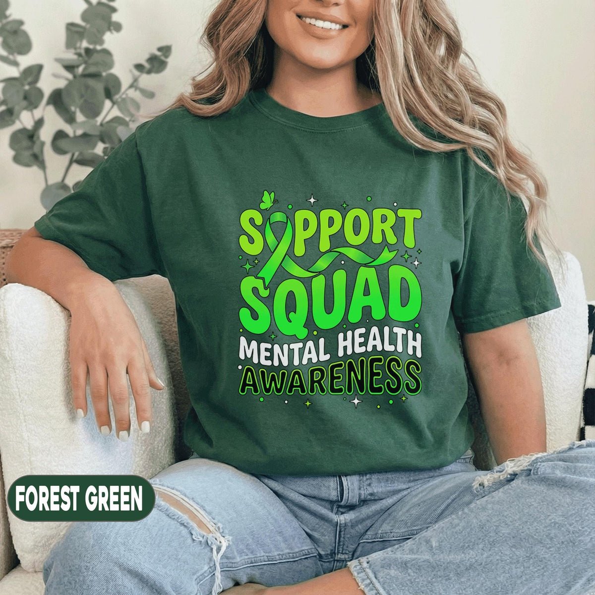 Support Squad Mental Health Awareness Shirt Green Ribbon Typography Tee Inspirational Support Group Gift Unisex Green...