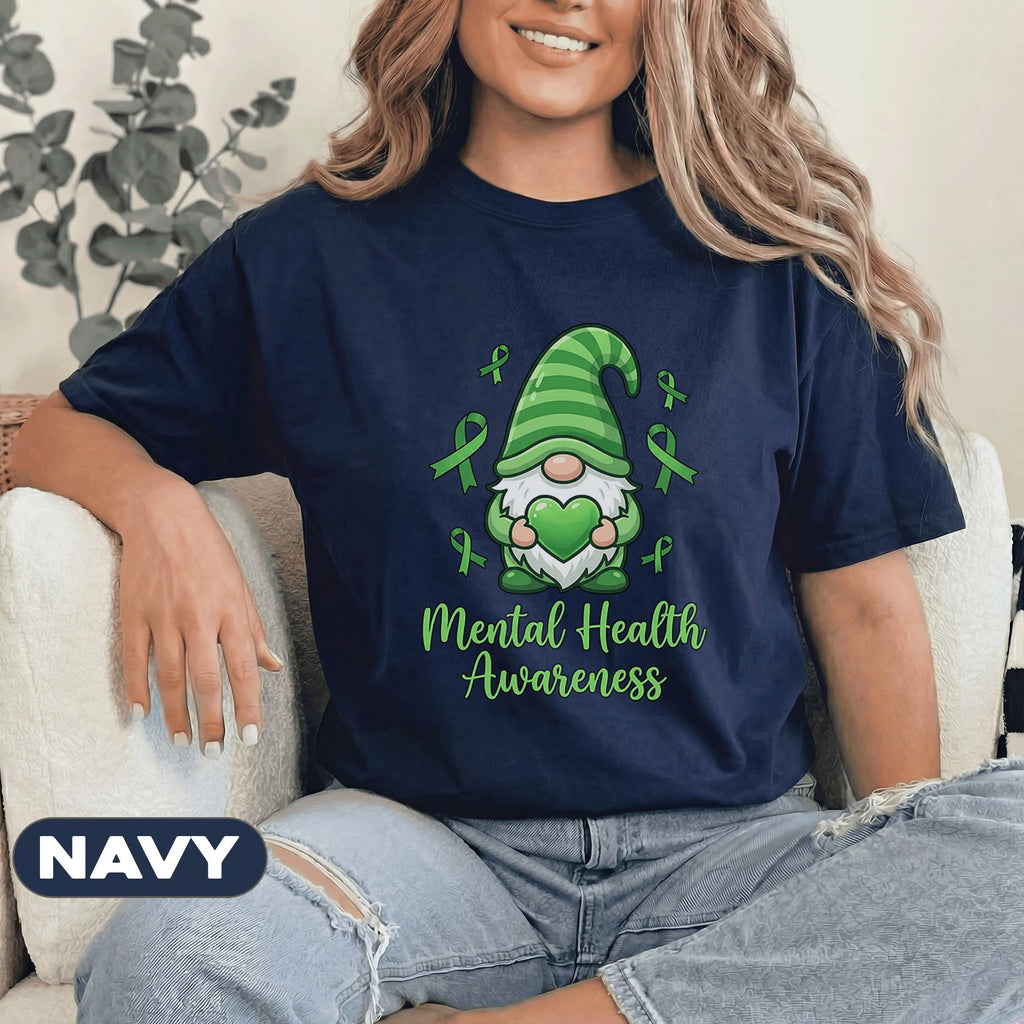 Cute Gnome Mental Health Awareness Shirt Green Ribbon Heart Design Kawaii Support Tee Funny Therapy Gift Unisex Green T Shirt