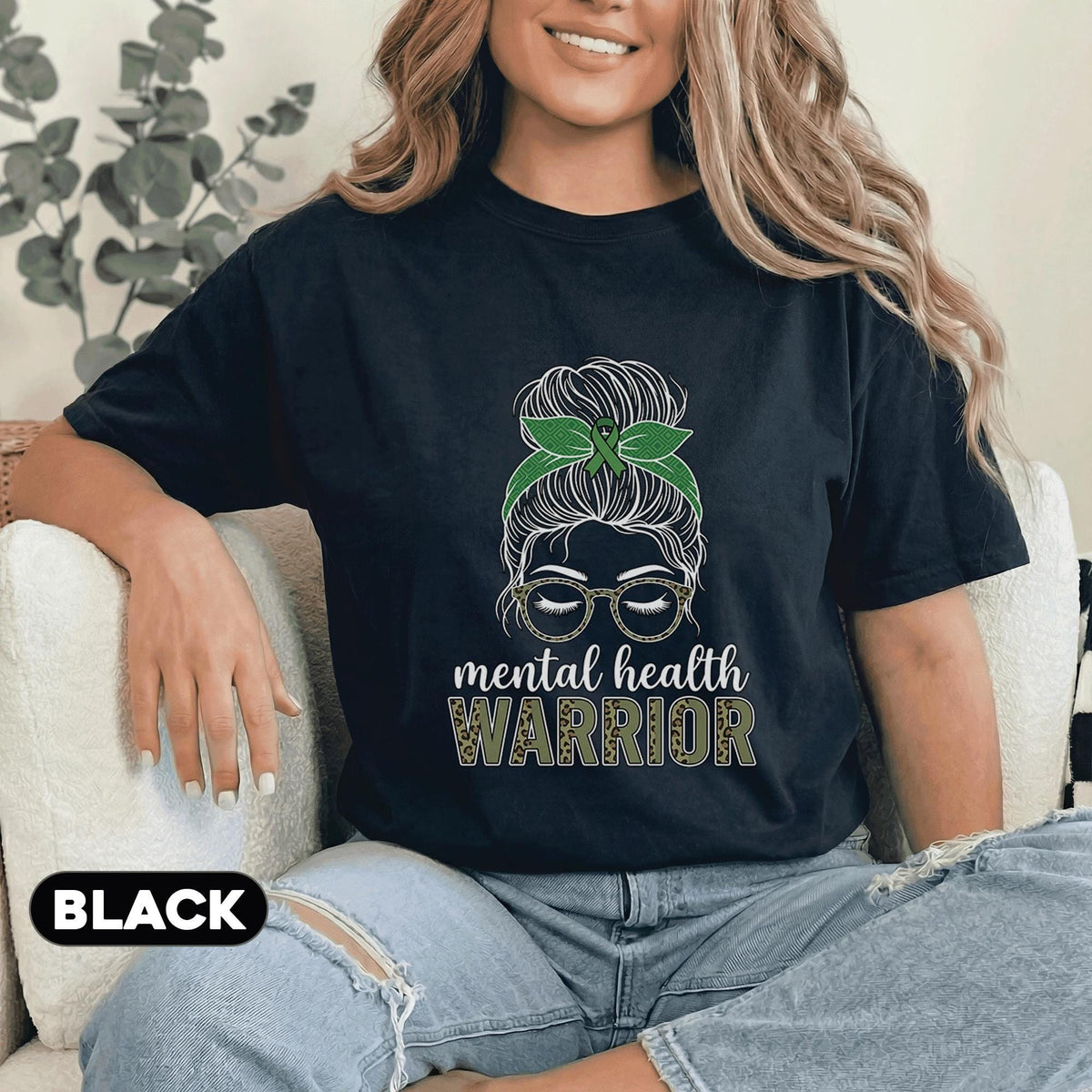 Mental Health Warrior Shirt Green Ribbon Messy Bun Glasses Strong Woman Awareness Tee Inspirational Gift Mental Healt...