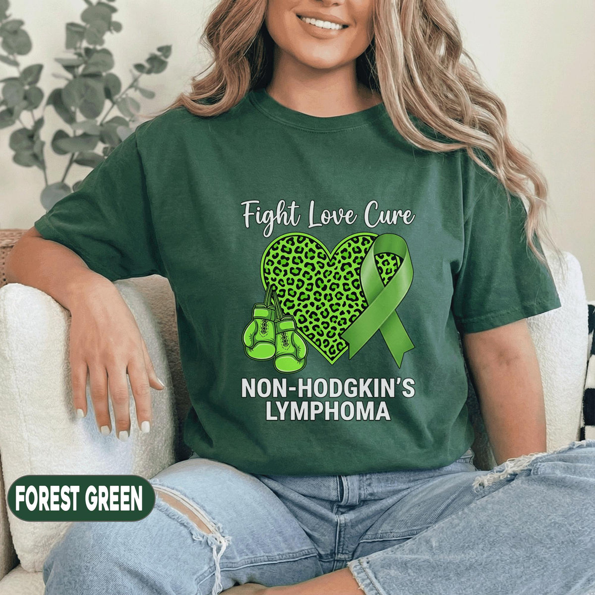 Non Hodgkins Lymphoma Shirt Fight Love Cure Green Ribbon Leopard Heart Boxing Gloves Awareness Support Gift Unisex Green T Shirt
