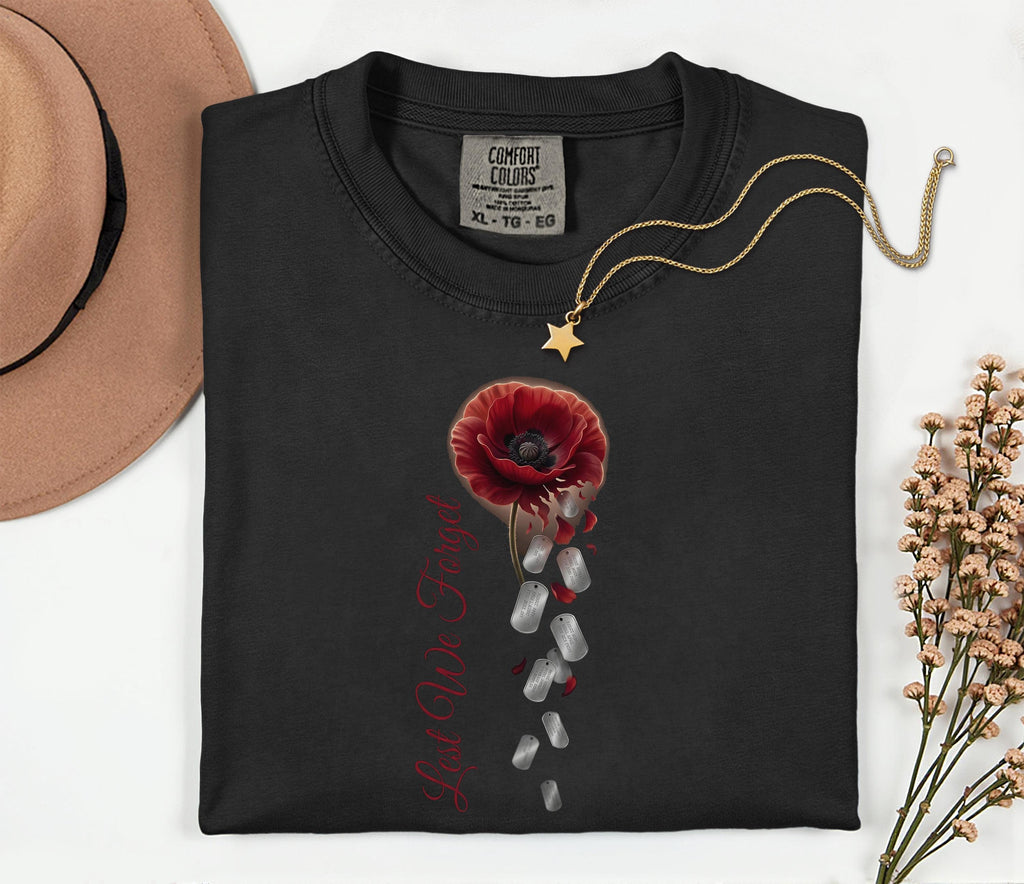 Lest We Forget Poppy Comfort Colors® Shirt, Memorial Day Tribute Tee, Falling Dog Tags, Veteran Remembrance Gift Shirt