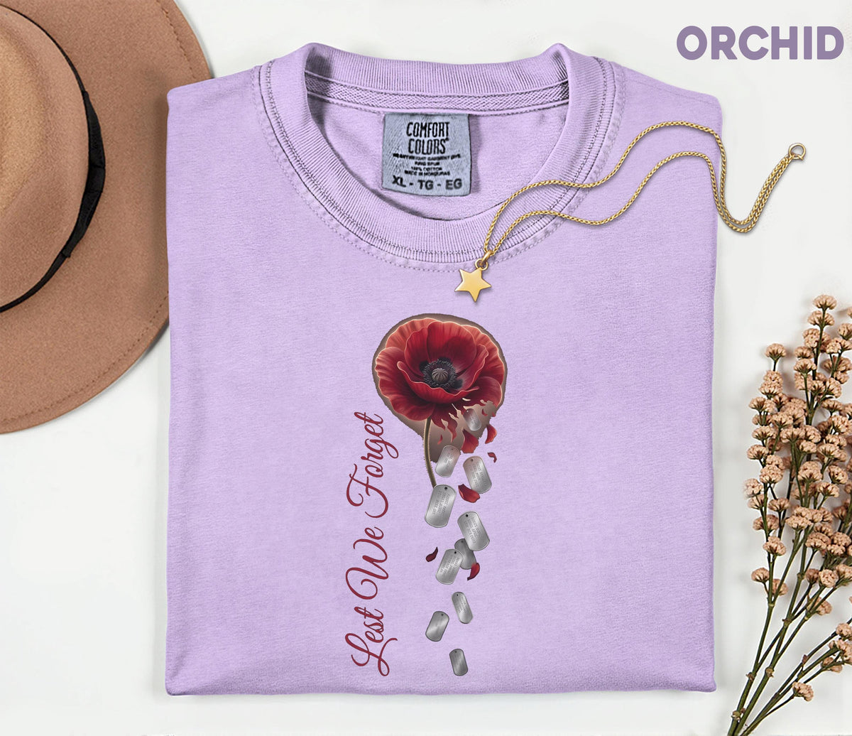 Lest We Forget Poppy Comfort Colors® Shirt, Memorial Day Tribute Tee, Falling Dog Tags, Veteran Remembrance Gift Shirt