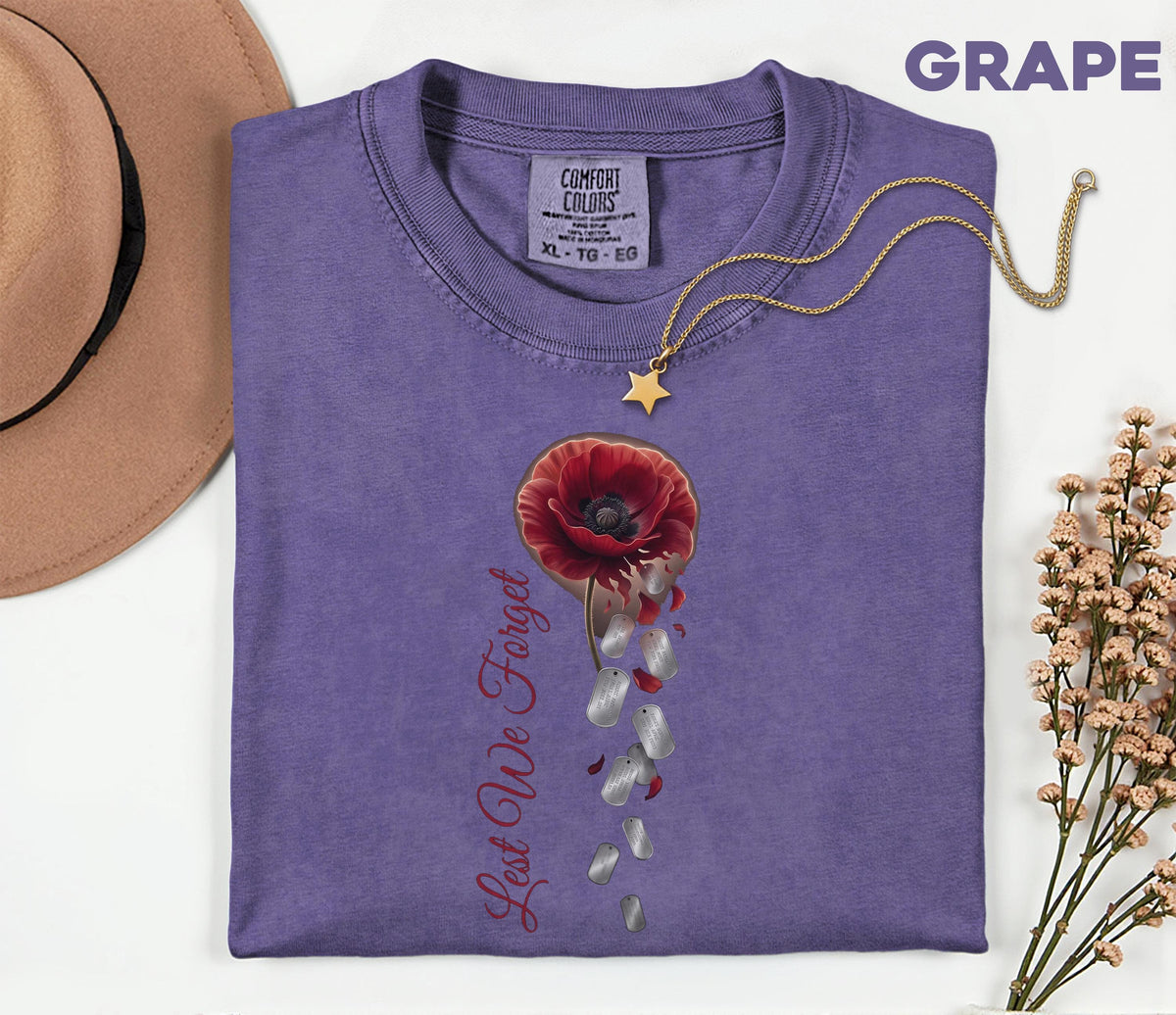 Lest We Forget Poppy Comfort Colors® Shirt, Memorial Day Tribute Tee, Falling Dog Tags, Veteran Remembrance Gift Shirt