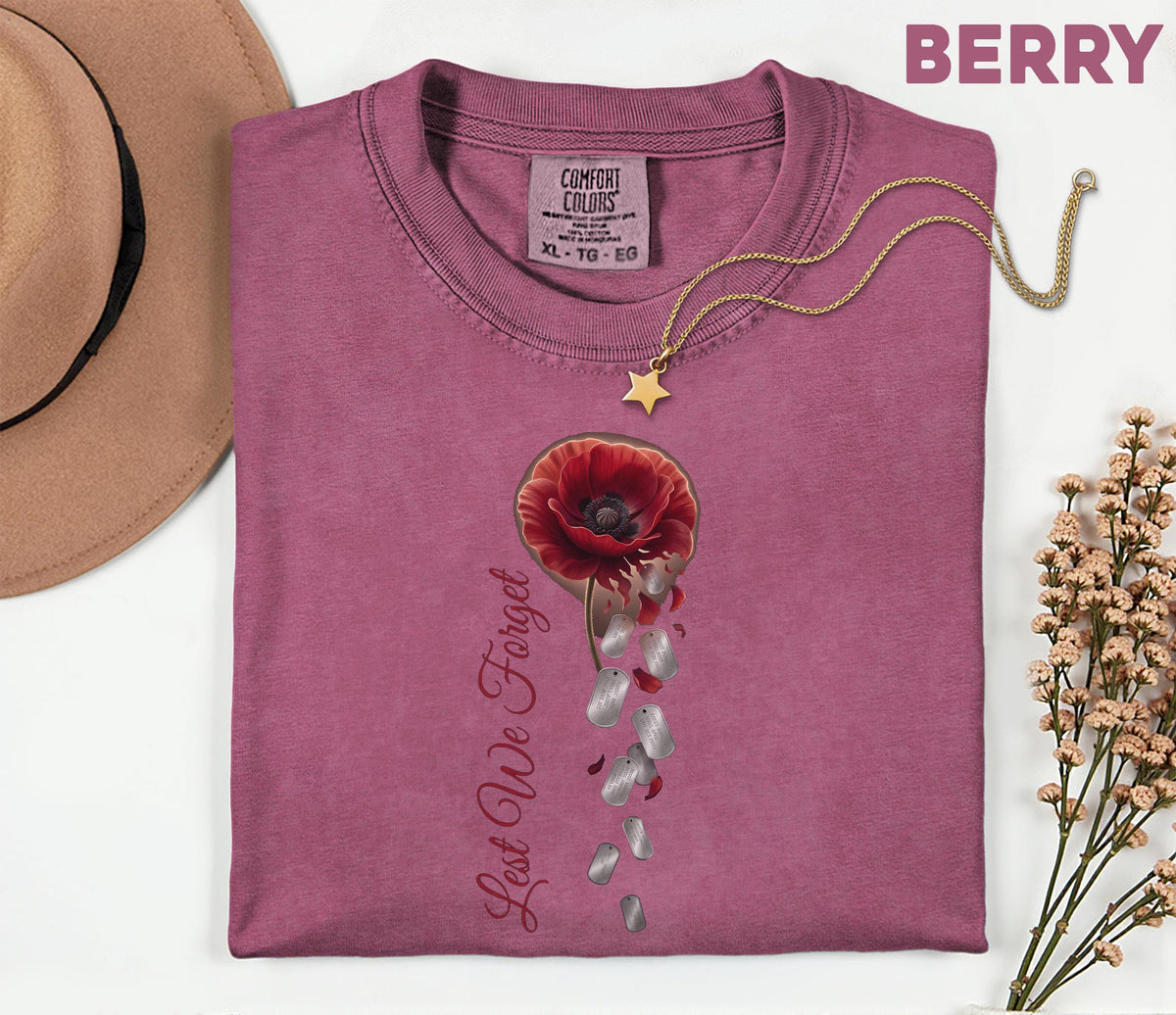 Lest We Forget Poppy Comfort Colors® Shirt, Memorial Day Tribute Tee, Falling Dog Tags, Veteran Remembrance Gift Shirt