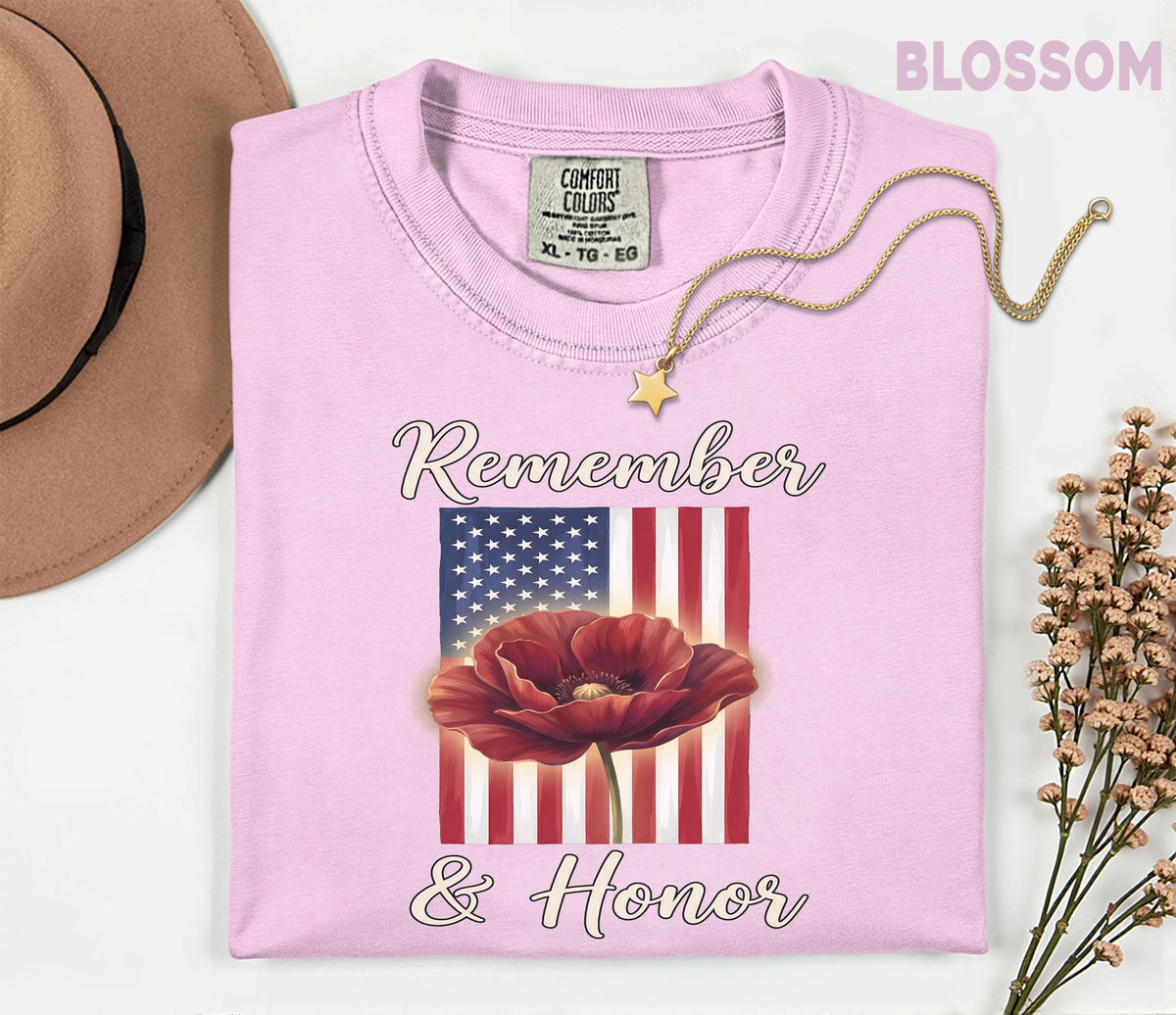 Remember and Honor Shirt, Memorial Day Poppy Tee, Patriotic American Flag Tee, Comfort Colors® Unisex Veterans Day Tribute Gift USA Pride