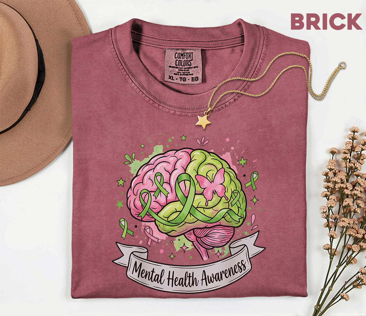 Comfort Colors® Mental Health Awareness Brain Shirt Green Ribbon Pink Green Mind Tee Butterfly Support Mental Wellness Gift Shirt