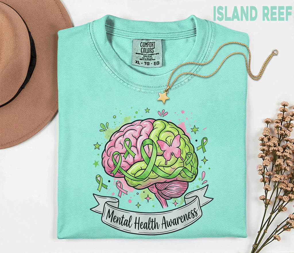 Comfort Colors® Mental Health Awareness Brain Shirt Green Ribbon Pink Green Mind Tee Butterfly Support Mental Wellness Gift Shirt