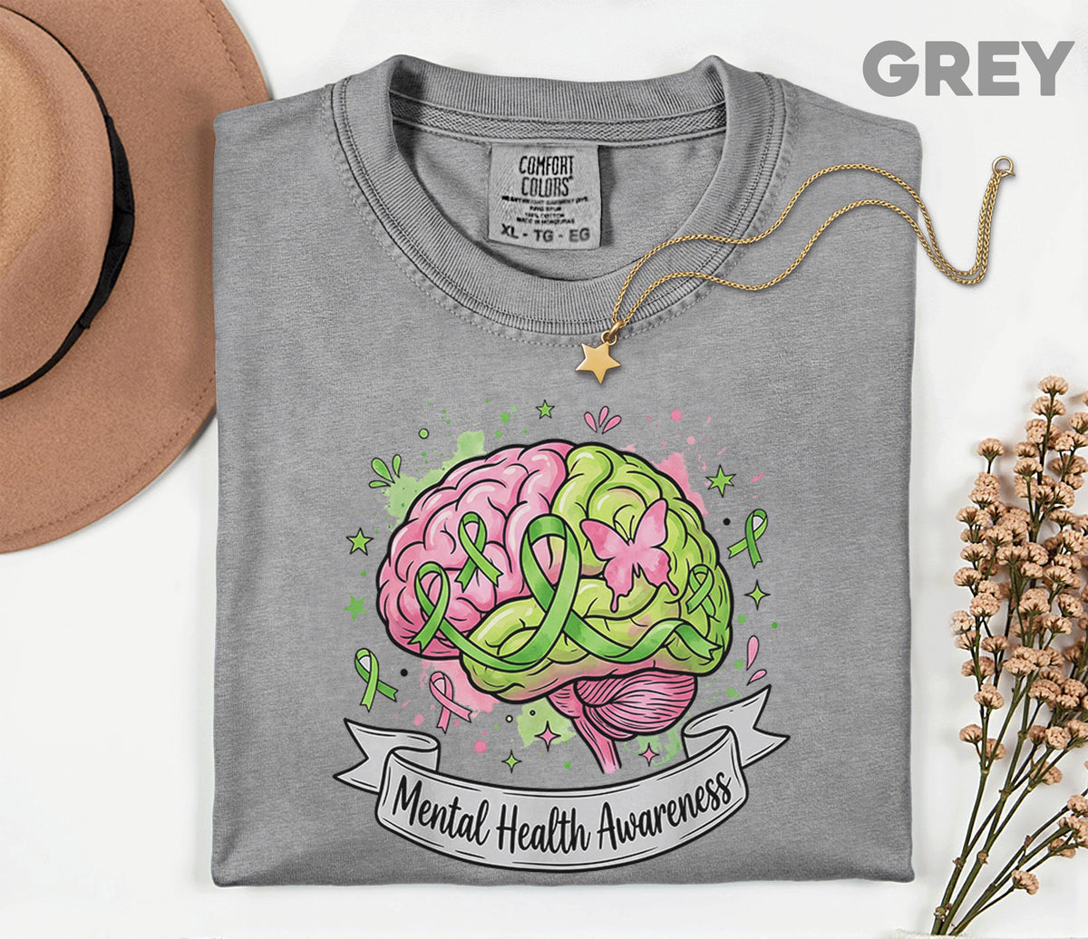 Comfort Colors® Mental Health Awareness Brain Shirt Green Ribbon Pink Green Mind Tee Butterfly Support Mental Wellness Gift Shirt