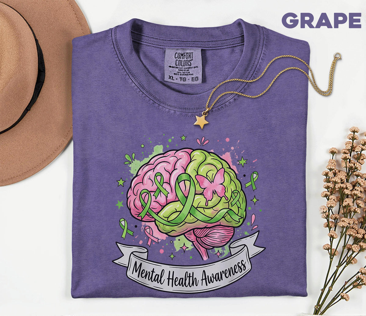 Comfort Colors® Mental Health Awareness Brain Shirt Green Ribbon Pink Green Mind Tee Butterfly Support Mental Wellness Gift Shirt