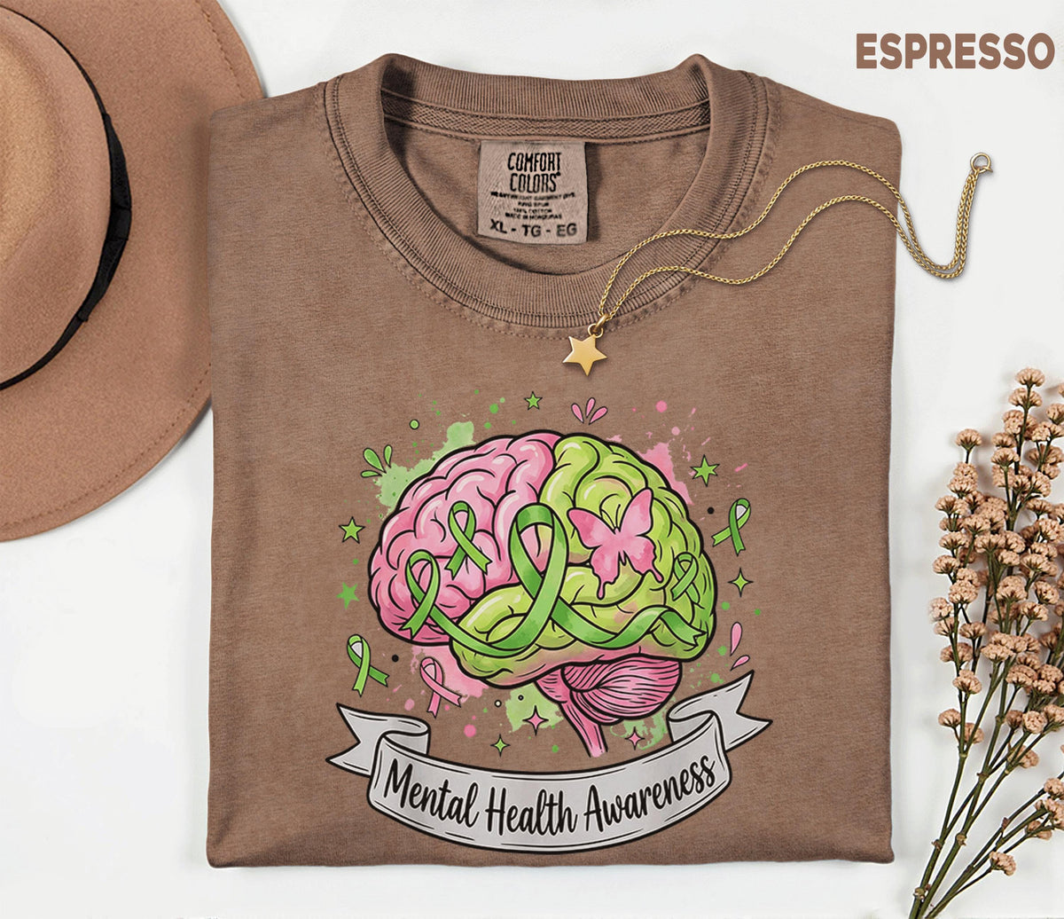 Comfort Colors® Mental Health Awareness Brain Shirt Green Ribbon Pink Green Mind Tee Butterfly Support Mental Wellness Gift Shirt
