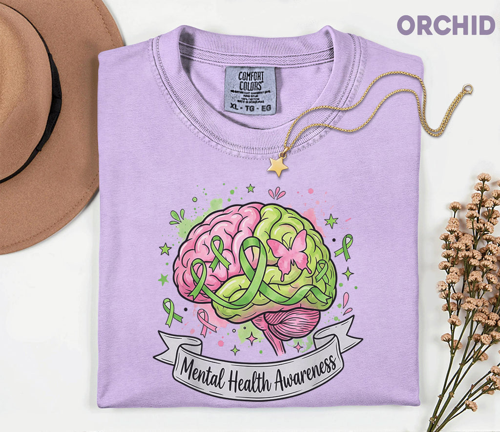 Comfort Colors® Mental Health Awareness Brain Shirt Green Ribbon Pink Green Mind Tee Butterfly Support Mental Wellness Gift Shirt