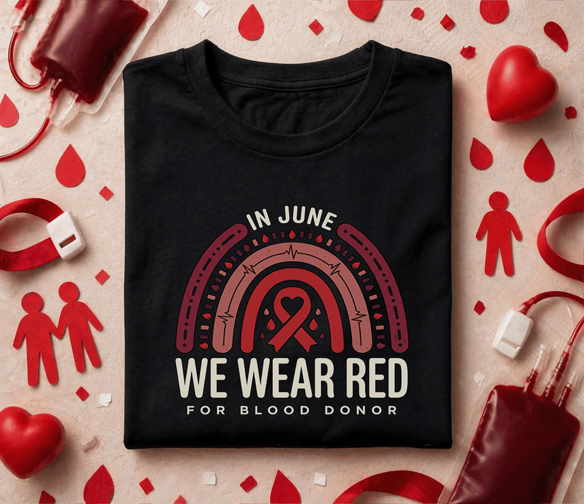 In June We Wear Red Blood Donor Shirt World Blood Donor Day Awareness Tee Gift Red Ribbon Heart Design Blood Donation...