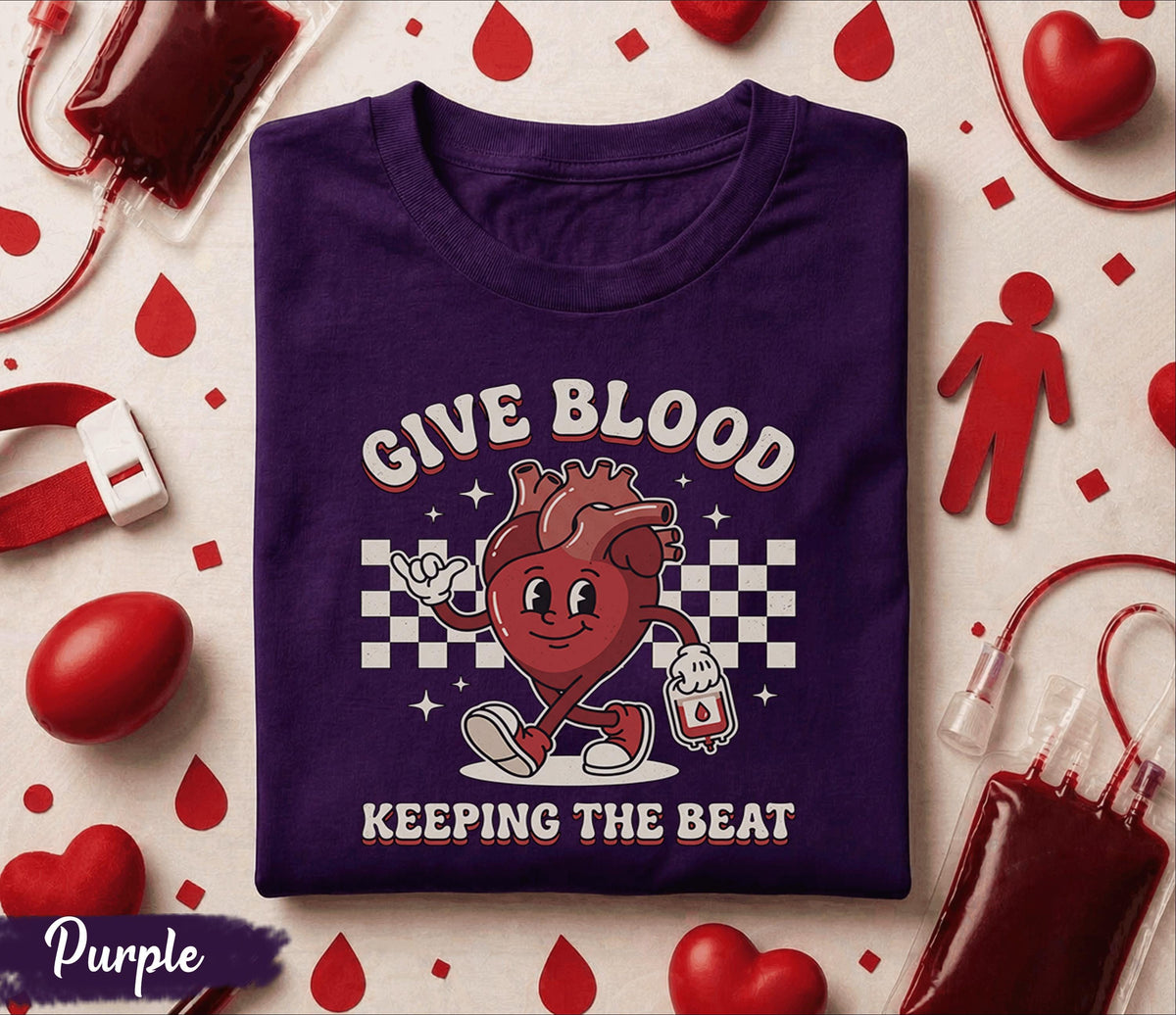 Give Blood Keep the Beat Shirt Cute Heart Cartoon Blood Donor Tee World Blood Donor Day Gift Funny Medical Awareness T-Shirt
