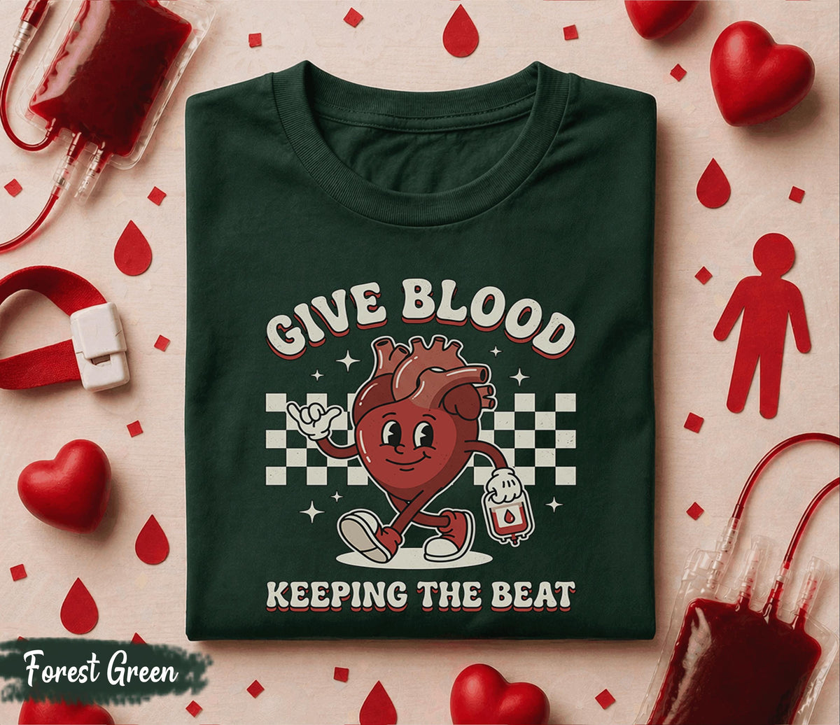 Give Blood Keep the Beat Shirt Cute Heart Cartoon Blood Donor Tee World Blood Donor Day Gift Funny Medical Awareness T-Shirt