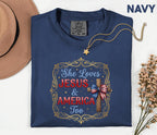 Comfort Colors® She Loves Jesus and America Too Shirt Patriotic Christian Cross Bow USA Tee Fourth of July Independence Day Gift 4th of July