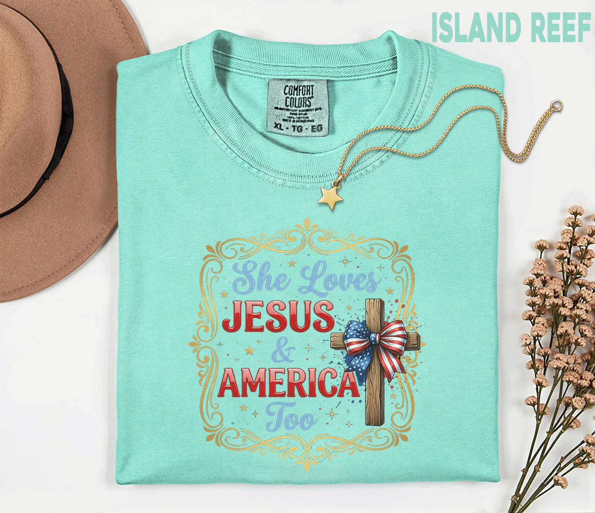 Comfort Colors® She Loves Jesus and America Too Shirt Patriotic Christian Cross Bow USA Tee Fourth of July Independence Day Gift 4th of July