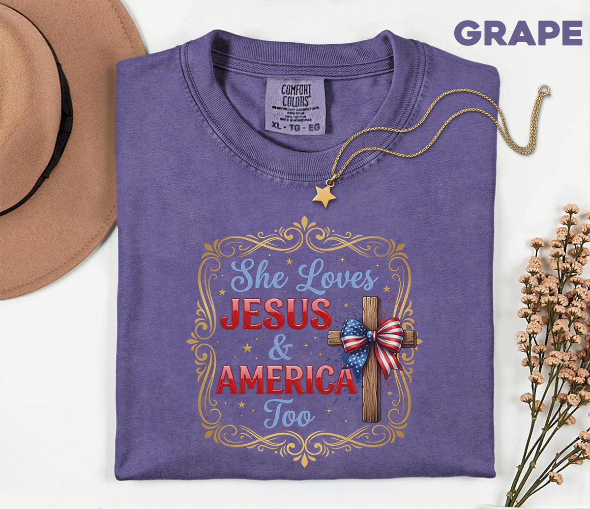 Comfort Colors® She Loves Jesus and America Too Shirt Patriotic Christian Cross Bow USA Tee Fourth of July Independence Day Gift 4th of July