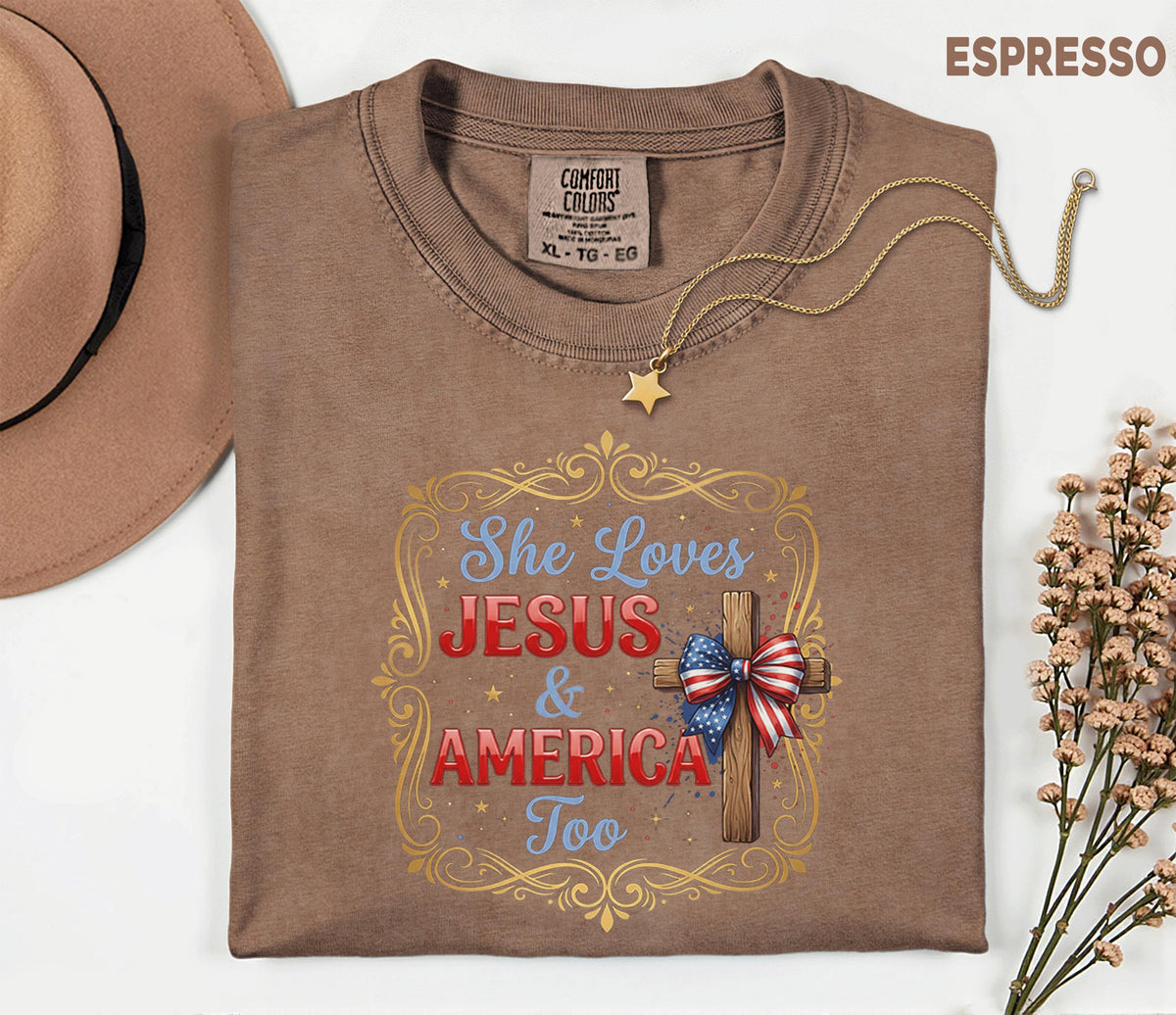 Comfort Colors® She Loves Jesus and America Too Shirt Patriotic Christian Cross Bow USA Tee Fourth of July Independence Day Gift 4th of July