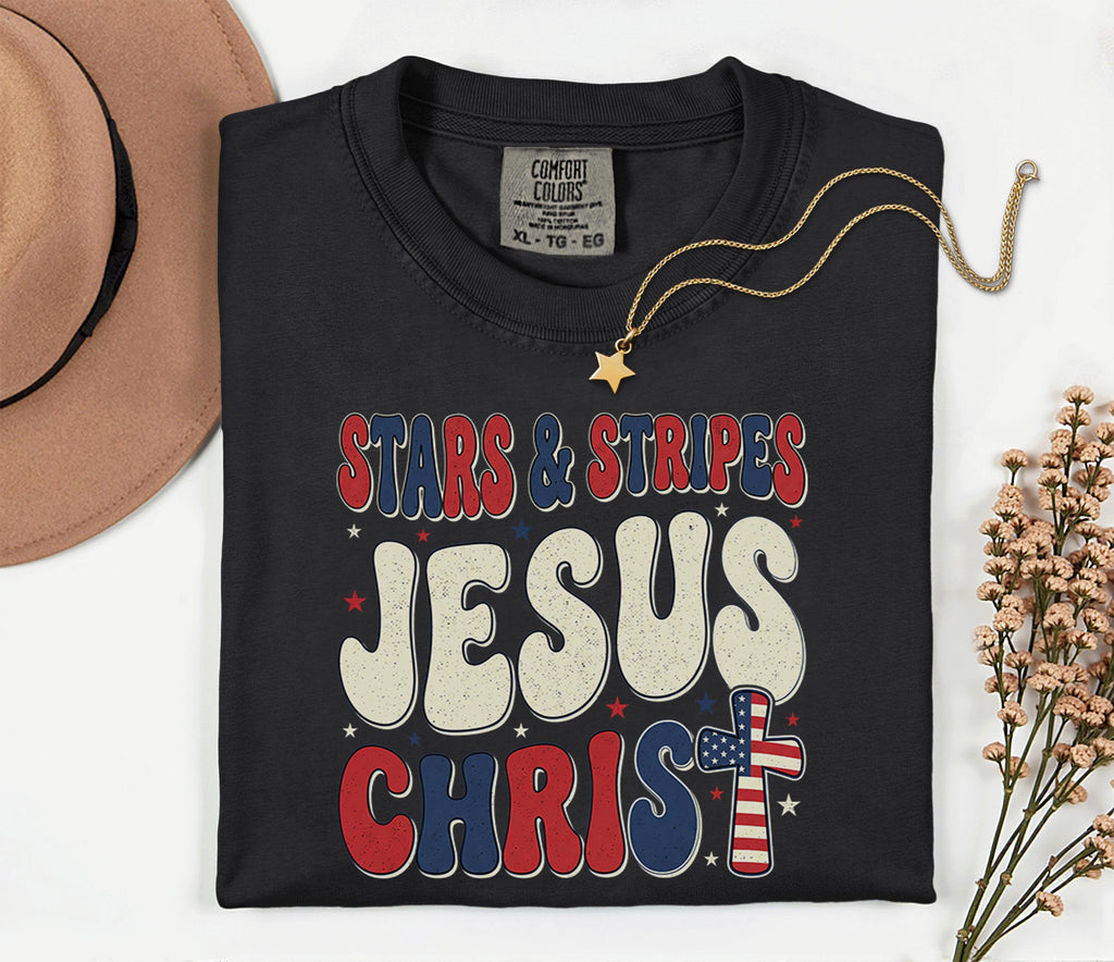 Comfort Colors Stars and Stripes Jesus Christ Shirt Patriotic Christian USA Cross Tee Fourth of July Independence Day Faith Gift 4th of July