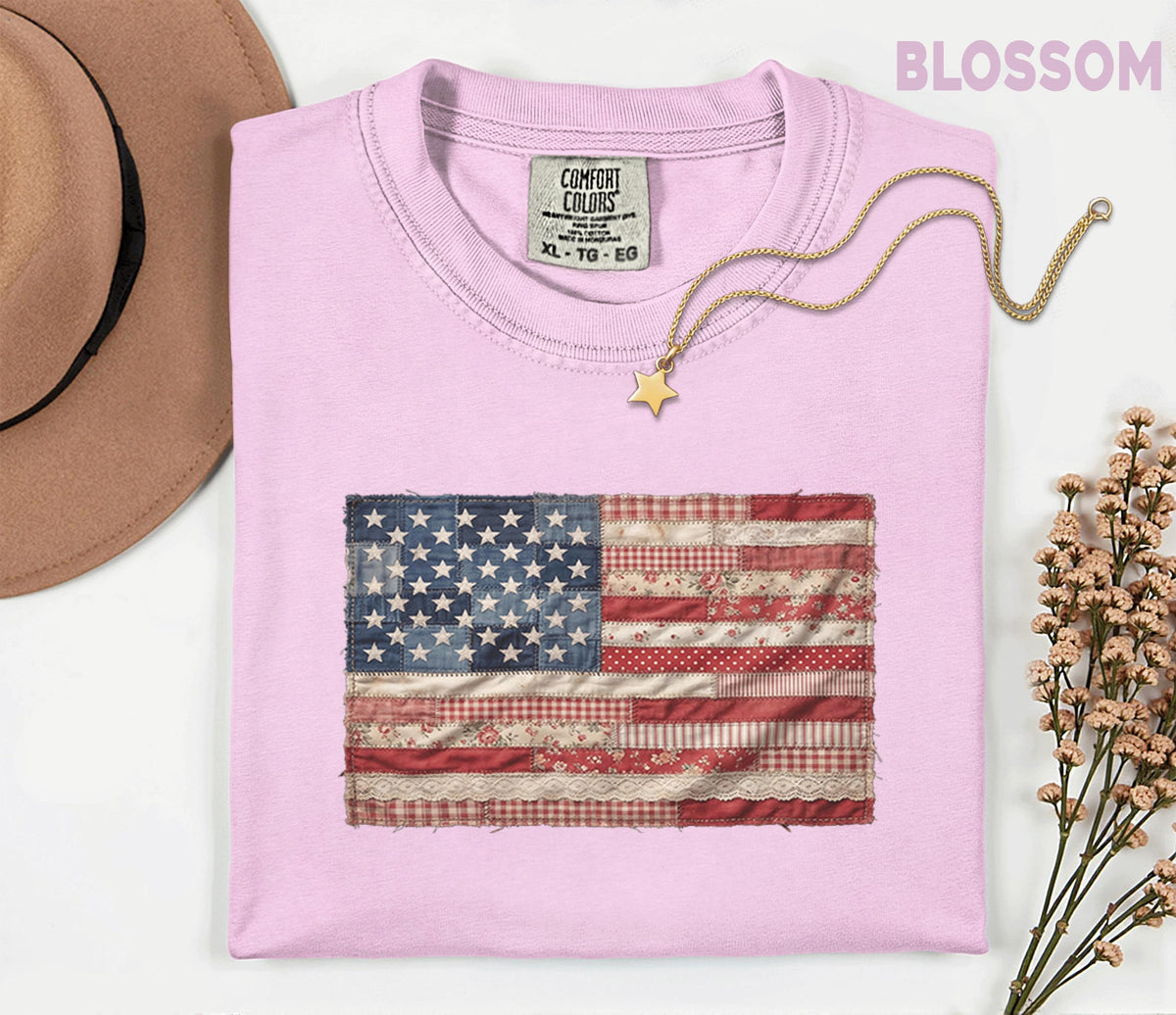 Comfort Colors® Vintage Patchwork American Flag Shirt Patriotic Quilt USA Flag Tee Rustic Fourth of July 4th Independence Day Americana Gift