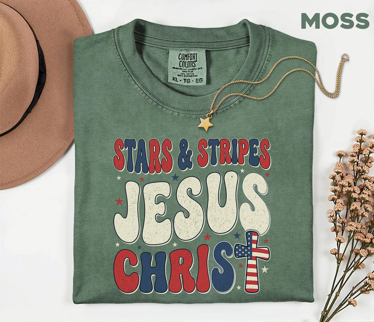 Comfort Colors Stars and Stripes Jesus Christ Shirt Patriotic Christian USA Cross Tee Fourth of July Independence Day...