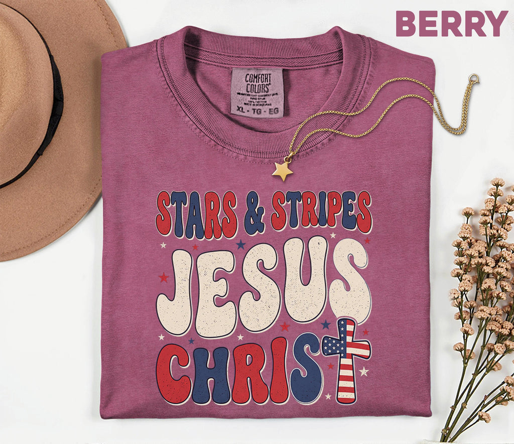 Comfort Colors Stars and Stripes Jesus Christ Shirt Patriotic Christian USA Cross Tee Fourth of July Independence Day Faith Gift 4th of July