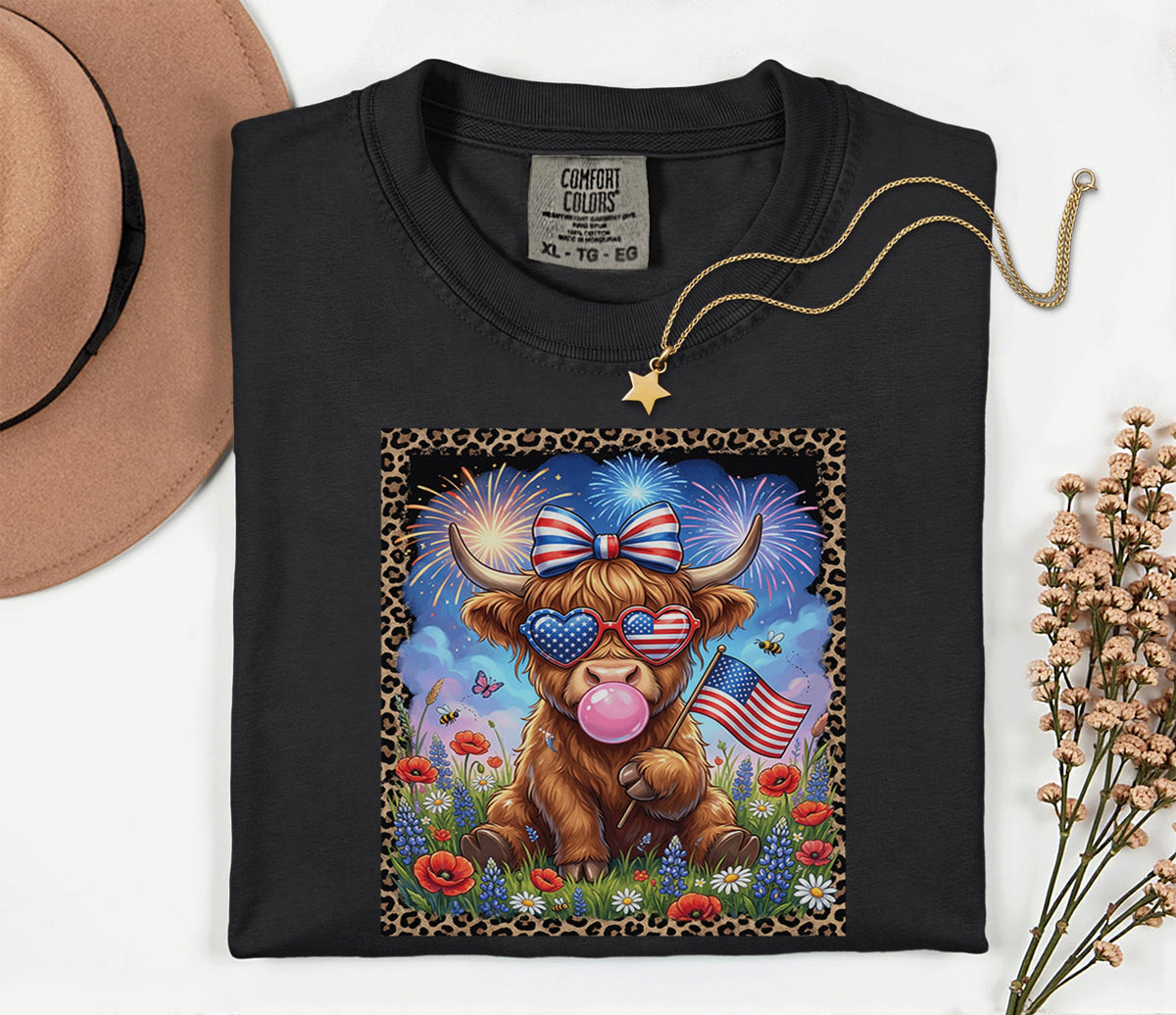 Comfort Colors® Cute Highland Cow Patriotic Shirt USA Cow Tee with American Flag Farmer Fireworks Fourth of July 4th Funny Cow Gift Idea