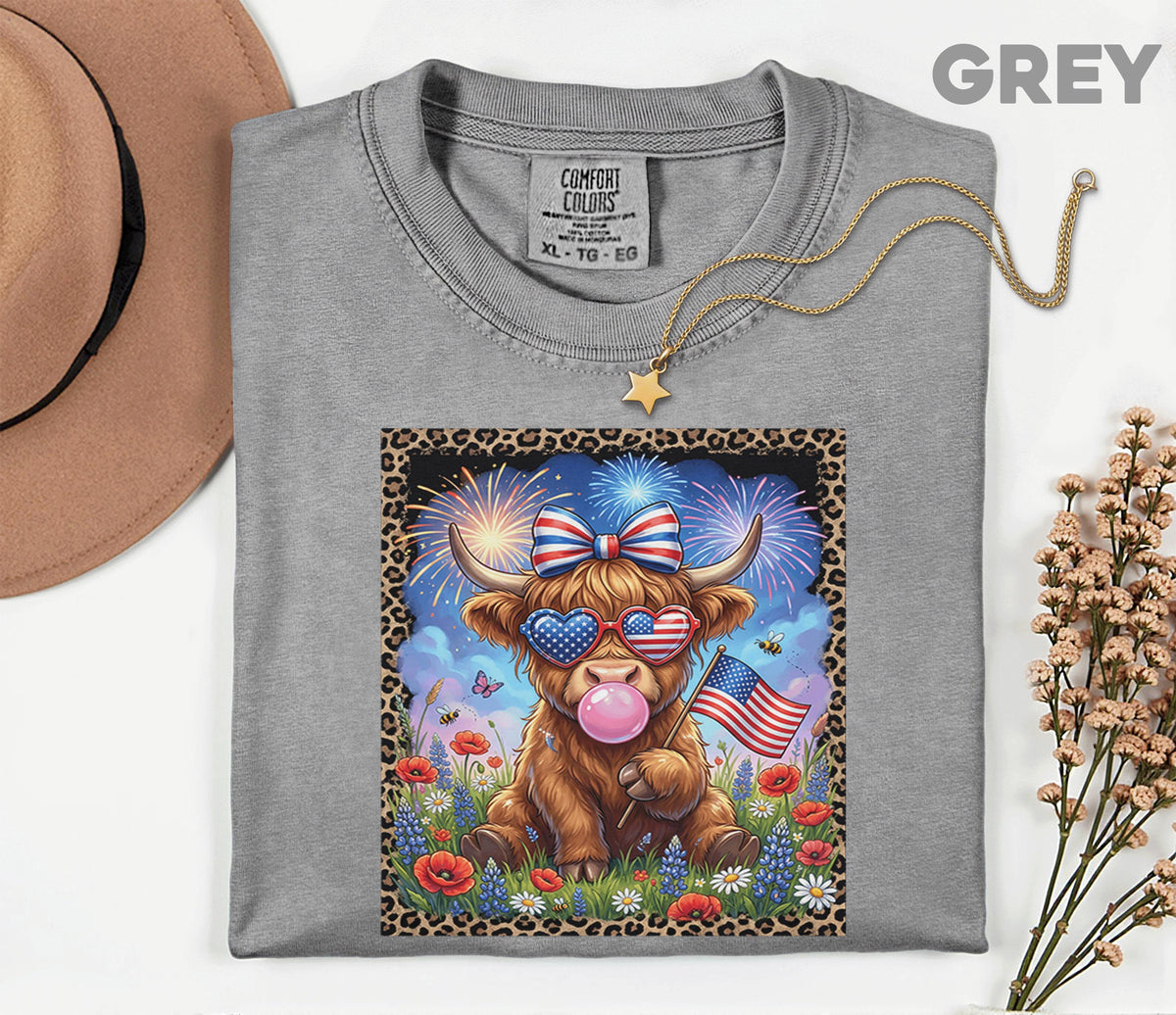 Comfort Colors® Cute Highland Cow Patriotic Shirt USA Cow Tee with American Flag Farmer Fireworks Fourth of July 4th Funny Cow Gift Idea