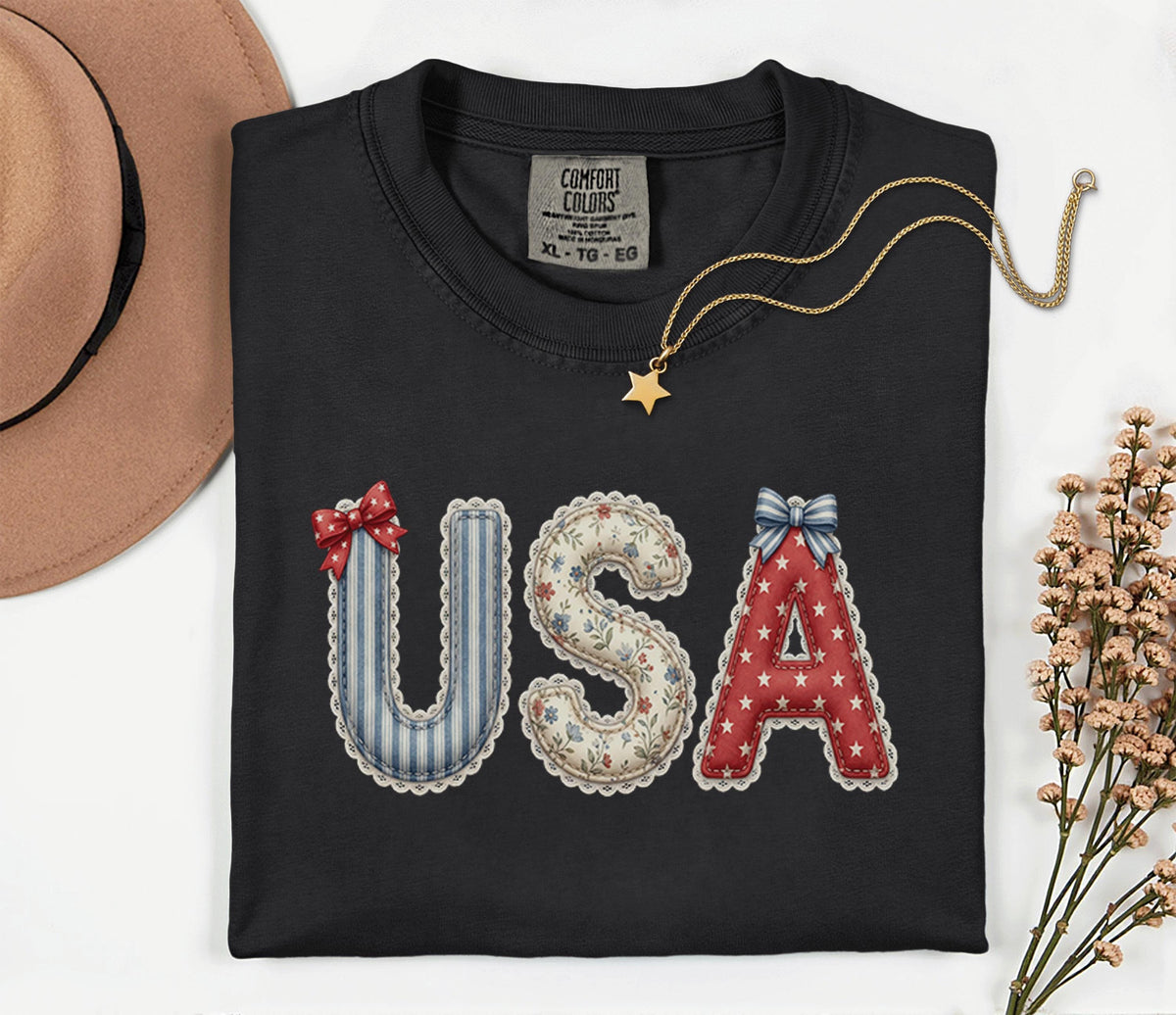 Comfort Colors® USA Patchwork Letter Shirt Americana 4th of July Tee Patriotic Fourth of July Shirt Cute Fabric Style...