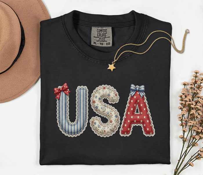 Comfort Colors® USA Patchwork Letter Shirt Americana 4th of July Tee Patriotic Fourth of July Shirt Cute Fabric Style...