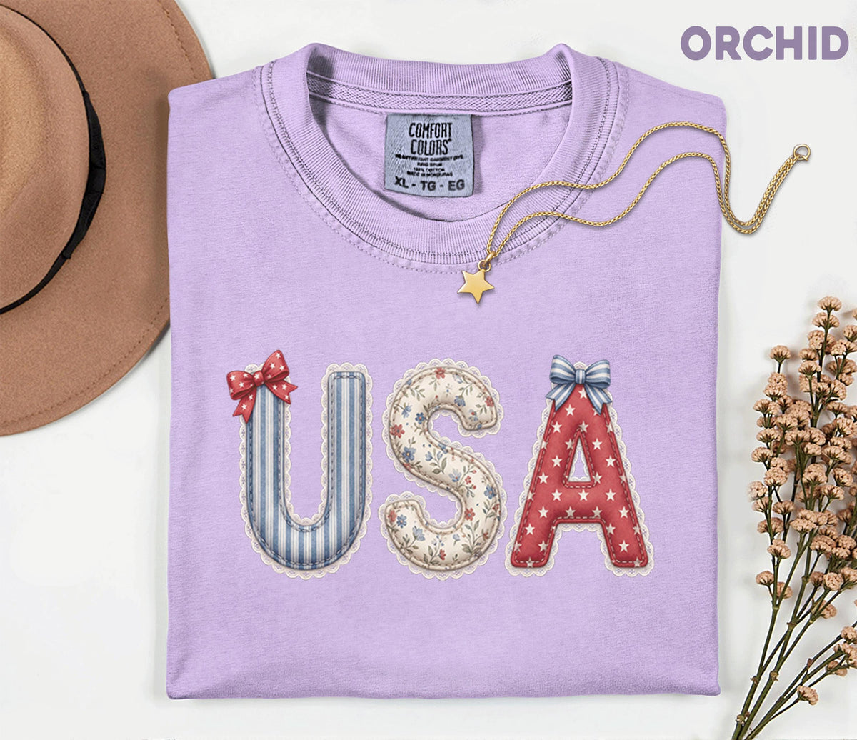 Comfort Colors® USA Patchwork Letter Shirt Americana 4th of July Tee Patriotic Fourth of July Shirt Cute Fabric Style USA Independence Day