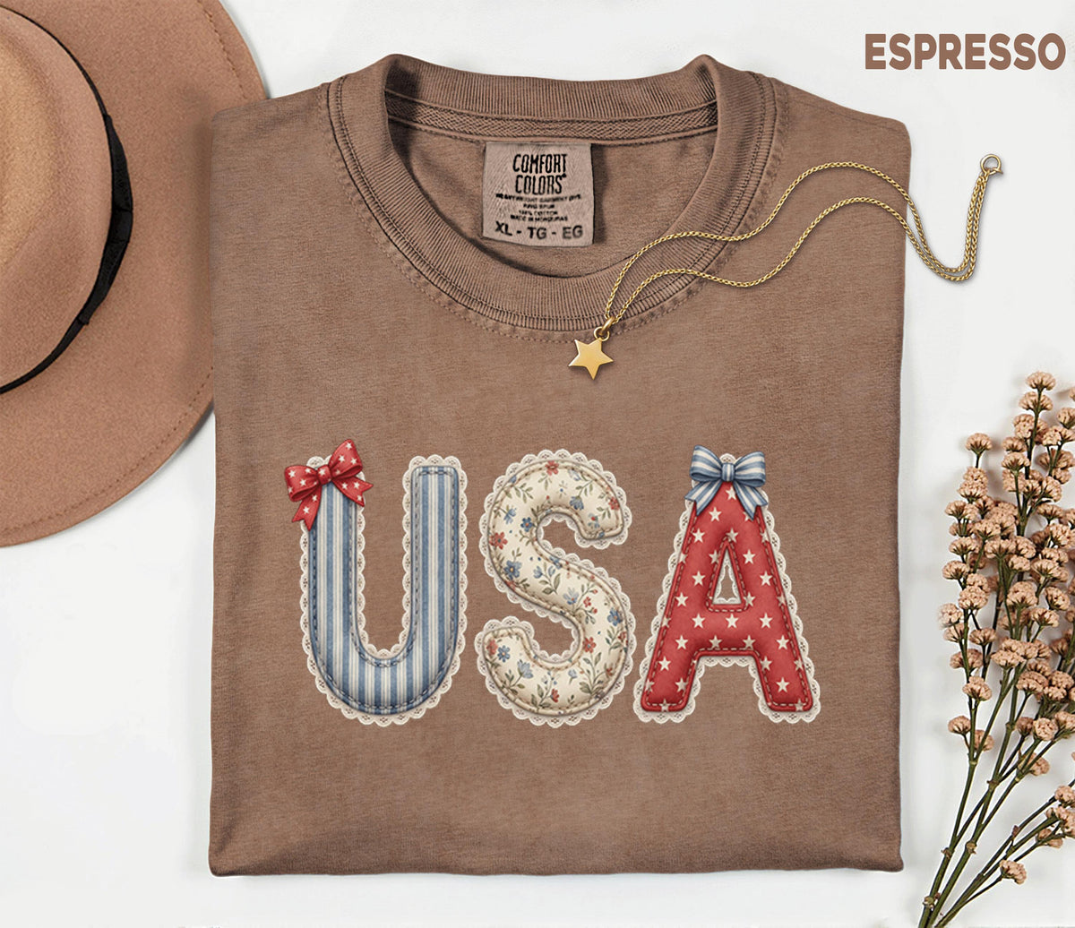 Comfort Colors® USA Patchwork Letter Shirt Americana 4th of July Tee Patriotic Fourth of July Shirt Cute Fabric Style USA Independence Day
