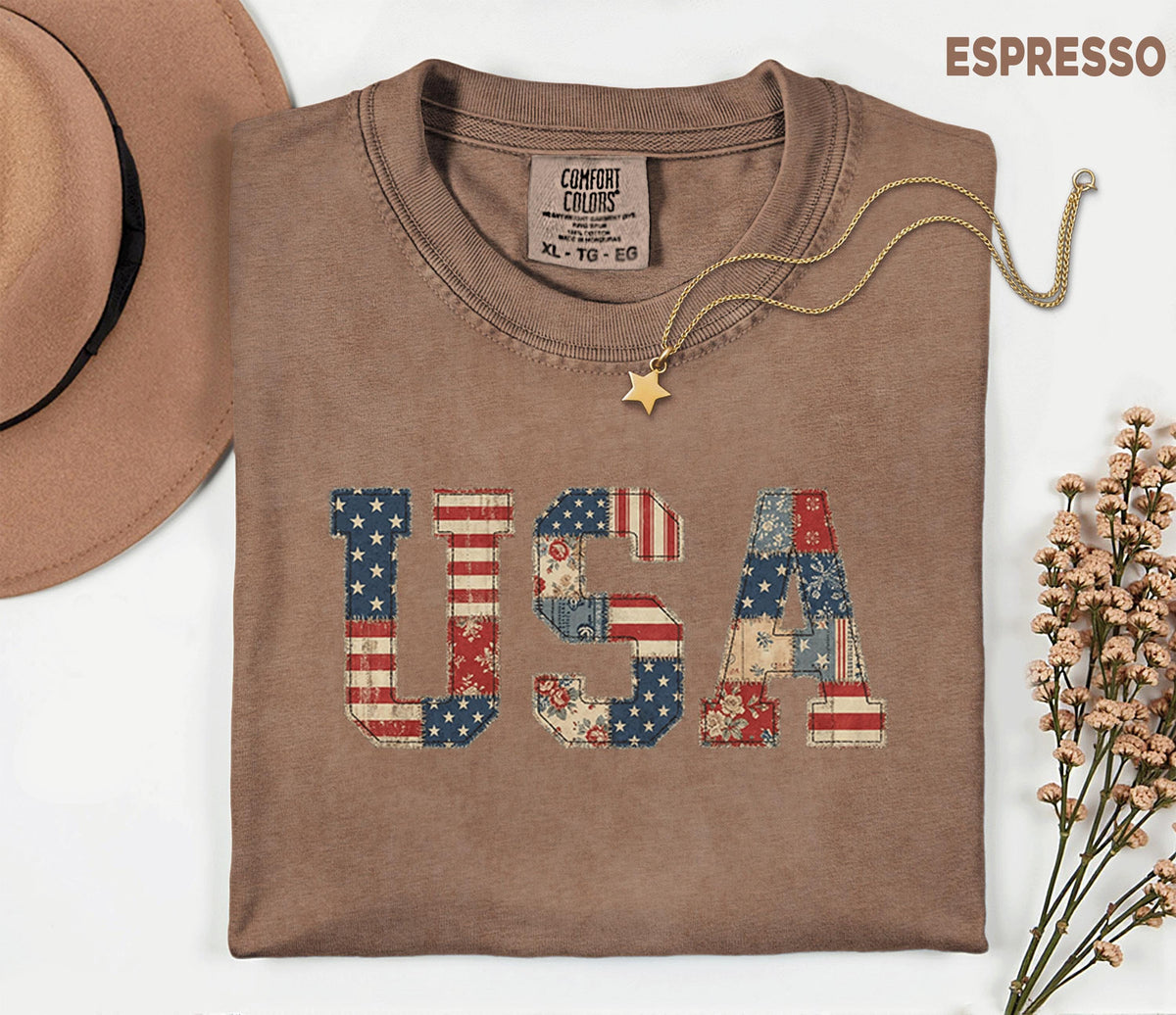 Comfort Colors Vintage USA Patchwork Shirt Americana Letter 4th of July Tee Retro Patriotic Shirt Fourth of July Outfit Independence Day Tee