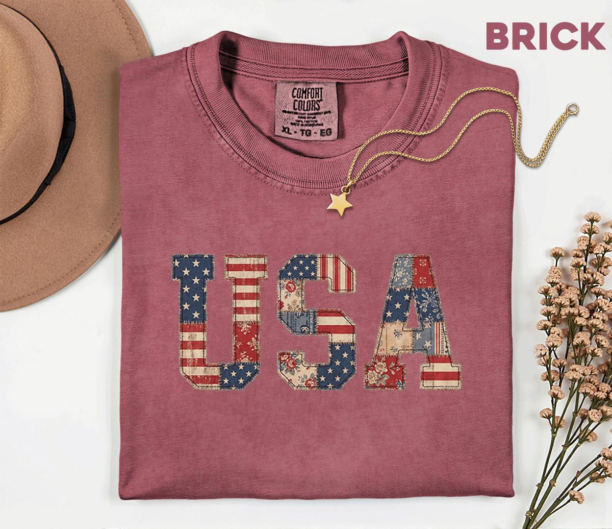 Comfort Colors Vintage USA Patchwork Shirt Americana Letter 4th of July Tee Retro Patriotic Shirt Fourth of July Outfit Independence Day Tee